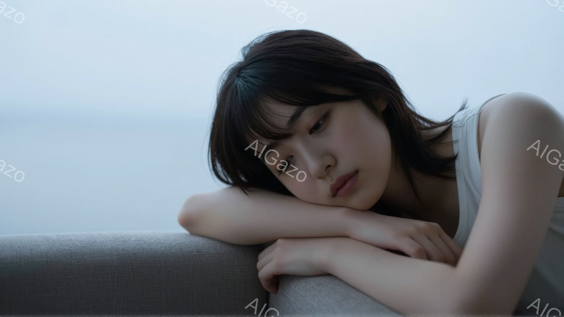 長い黒髪の女性が、灰色に見える肘掛け椅子に肘をついて座っている。彼女は白いタンクトップを着ており、少し憂いを帯びた表情で遠くを見つめている。背景はぼやけており、おそらく屋外の自然か建物が見えるが、全体 - AI生成フリー素材