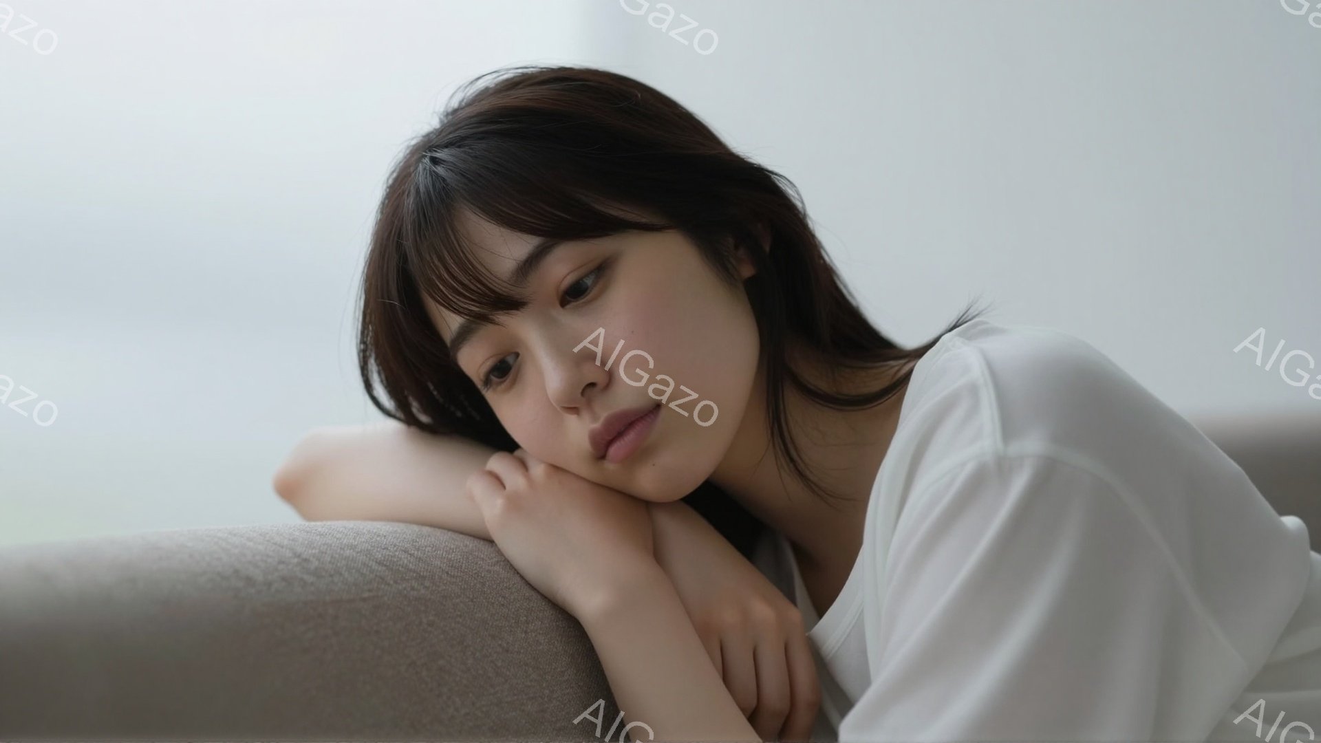 この女性は白いトップスを着て、ソファに肘をついて横たわっている。 彼女の髪はダークブラウンで、前髪が少し長めで、表情はどこか物憂げで穏やかだ。 背景は薄いグレーで、室内であることがわかるが、詳しい状況 - AI生成フリー素材