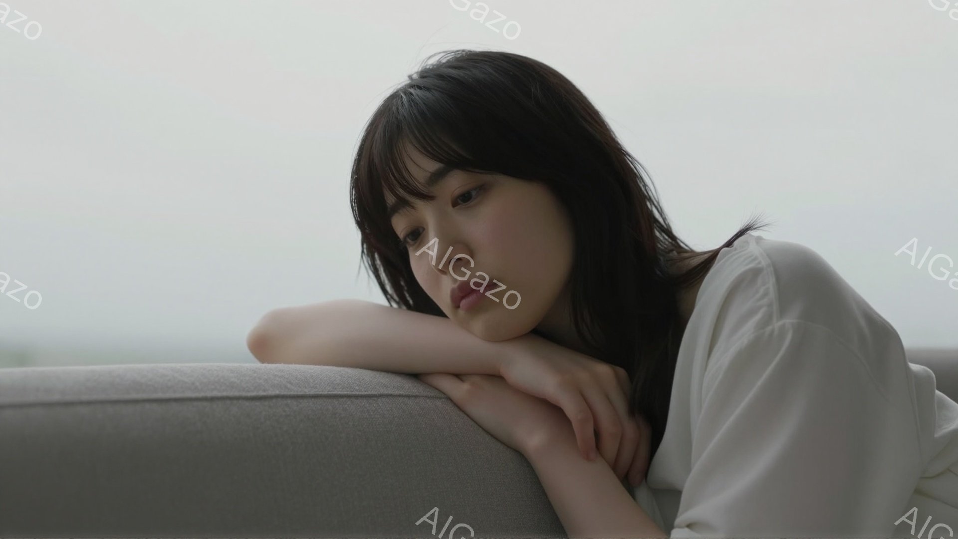 黒髪の女性が灰色のソファに肘をついて横たわっており、少し憂いを帯びた表情をしている。白いシンプルなブラウスを着ており、髪は肩にかかる程度の長さで、前髪が目にかかっている。背景はぼやけており、自然光が差 - AI生成フリー素材