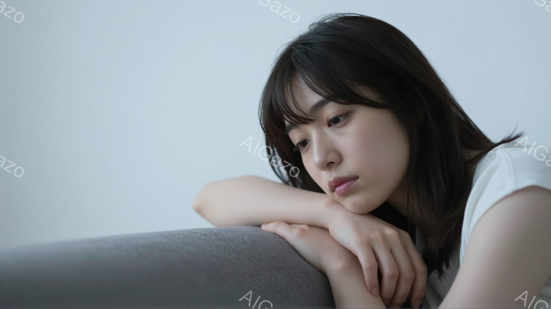 短い黒髪の女性が、グレーのソファに肘をついて座っており、憂鬱そうな表情をしています。白いシンプルなトップスを着ており、視線は少し下を向いています。背景は白く、全体的に静かで内省的な雰囲気が漂っています。