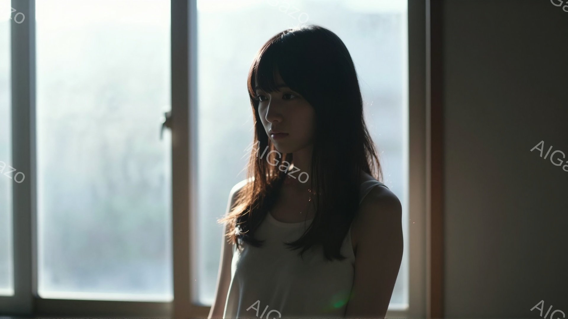 長い黒髪で前髪ぱっつんの女性が、白いタンクトップを着て少し横を向いています。彼女は憂いを帯びた表情で、窓からの柔らかい光が彼女の顔を照らしています。背景にはぼやけた窓枠と、外の景色が見え、全体的に物憂 - AI生成フリー素材