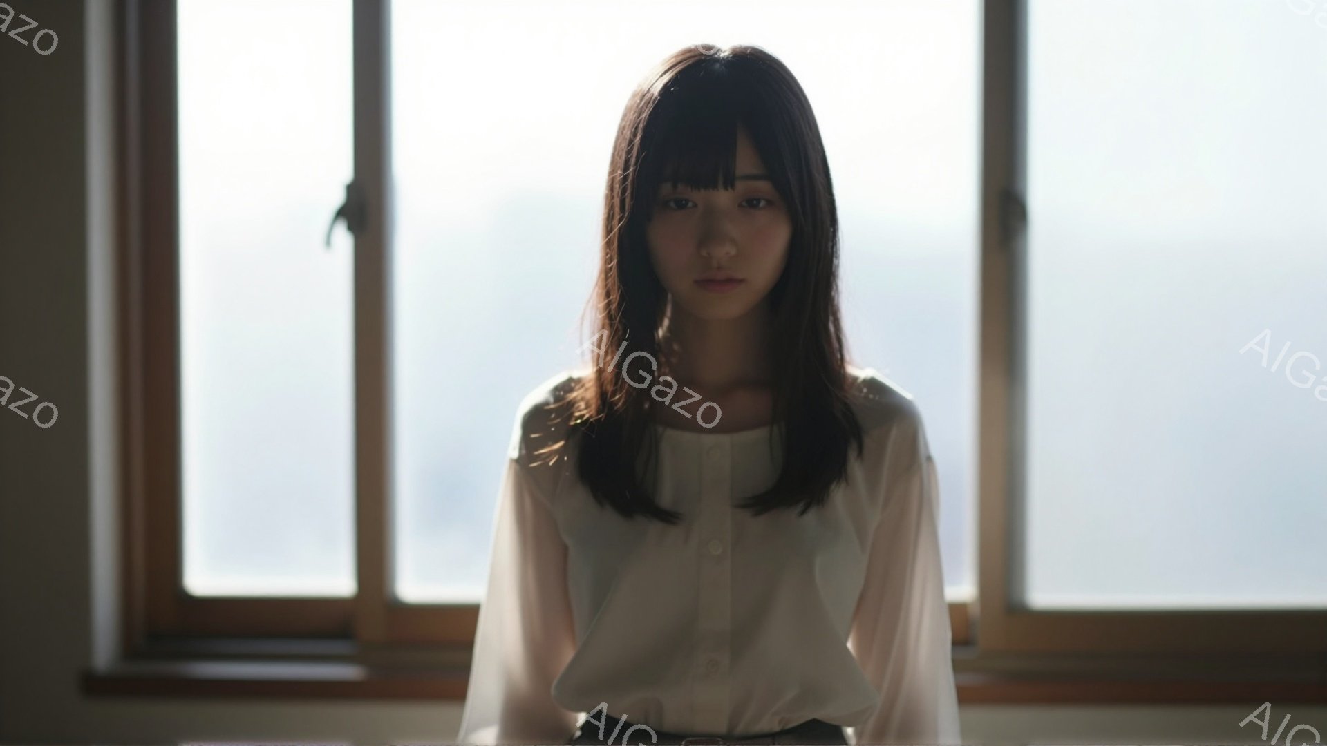 黒髪の女性が、白い半透明のブラウスを着て、正面を見据えています。彼女は軽く微笑んでおり、姿勢は穏やかです。背景にはぼやけた窓と建物が見え、全体的に柔らかく、落ち着いた雰囲気です。 - AI生成フリー素材