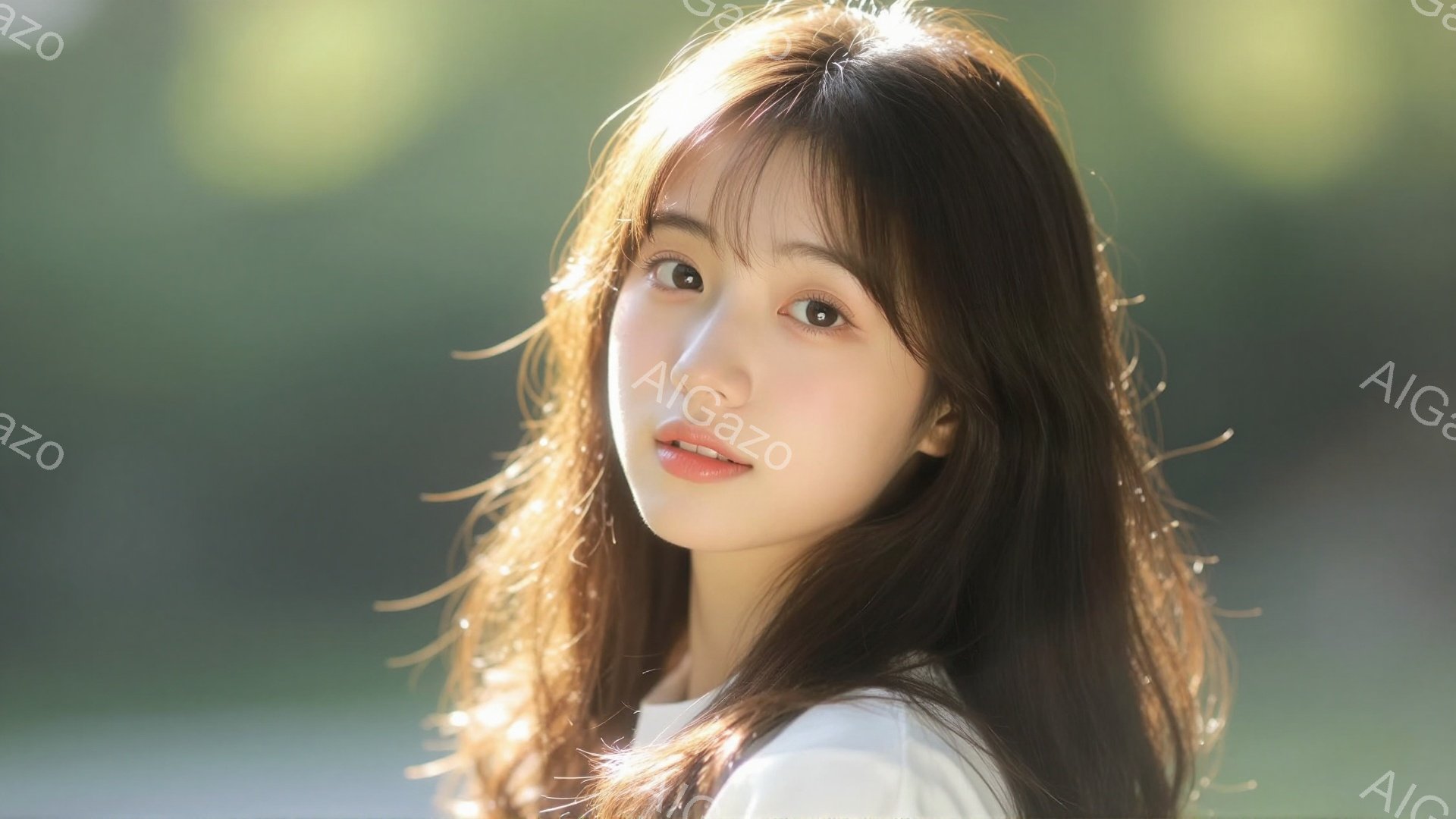 長い茶色の髪を持つ若い女性が写っている。彼女は白いシャツを着ており、少し微笑んでいる様子で、穏やかで優しい表情をしている。背景は緑豊かな自然で、光が差し込み、柔らかく幻想的な雰囲気を醸し出している。 - AI生成フリー素材