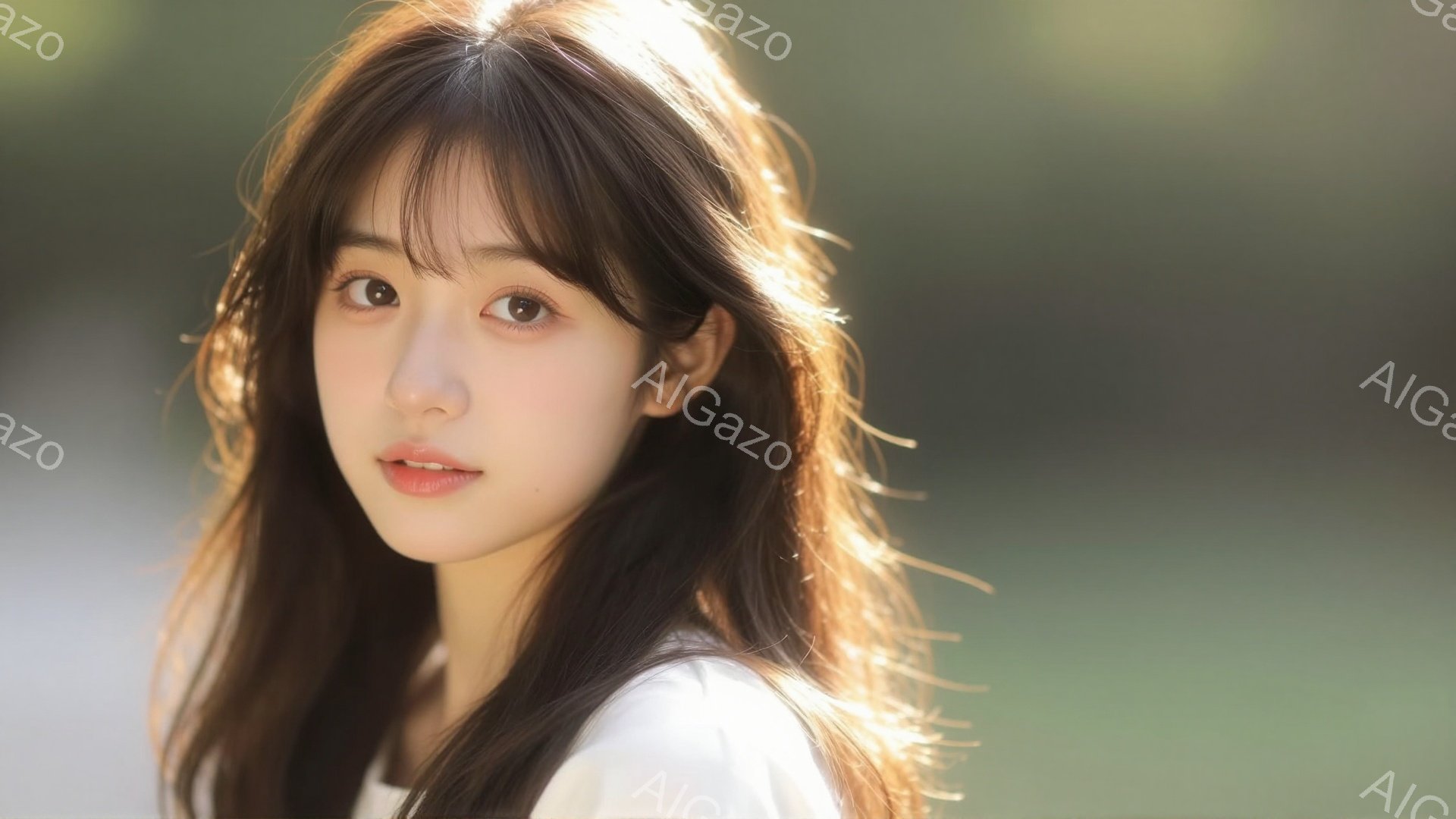 長いダークブラウンの髪を持つ若い女性が写っている。白いトップスを着ており、穏やかな微笑みを浮かべている。背景は緑色のぼかしで、柔らかく暖かい雰囲気を作り出している。