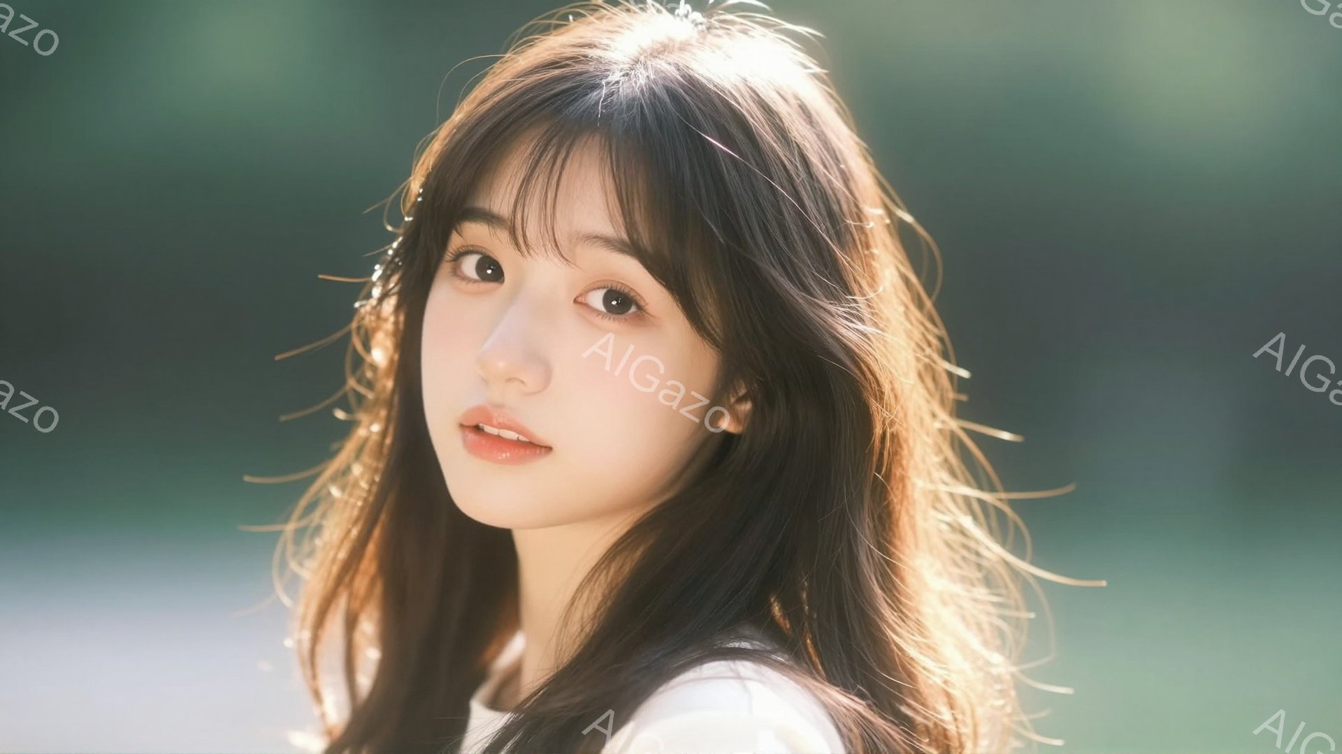 長いダークブラウンの髪は肩にかかり、前髪が少し目にかかっています。彼女は白いトップスを着ており、わずかに微笑んでいて、穏やかな表情をしています。背景は緑のぼやけで、自然光が柔らかく彼女を照らし、全体的に優しい雰囲気を醸し出しています。