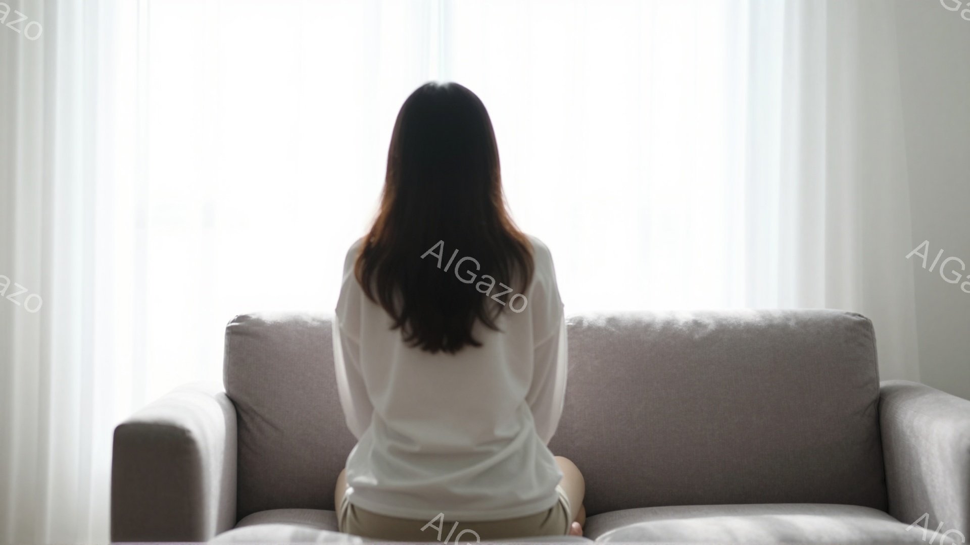 長い黒髪の女性が、灰色のソファーに背を向けて座っています。白いブラウスとベージュ色のパンツを身につけており、窓からの柔らかい光が彼女を照らしています。背景は白く、部屋全体が静かで穏やかな雰囲気を醸し出 - AI生成フリー素材
