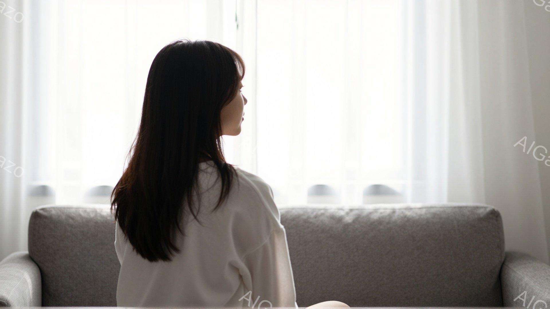 長い黒髪の女性が、窓に向かって座っている。白いシャツを着ており、リラックスした姿勢で、どこか物思いにふけっているように見える。背景には柔らかい光が差し込む窓と、グレーのソファがあり、全体的に穏やかで静 - AI生成フリー素材