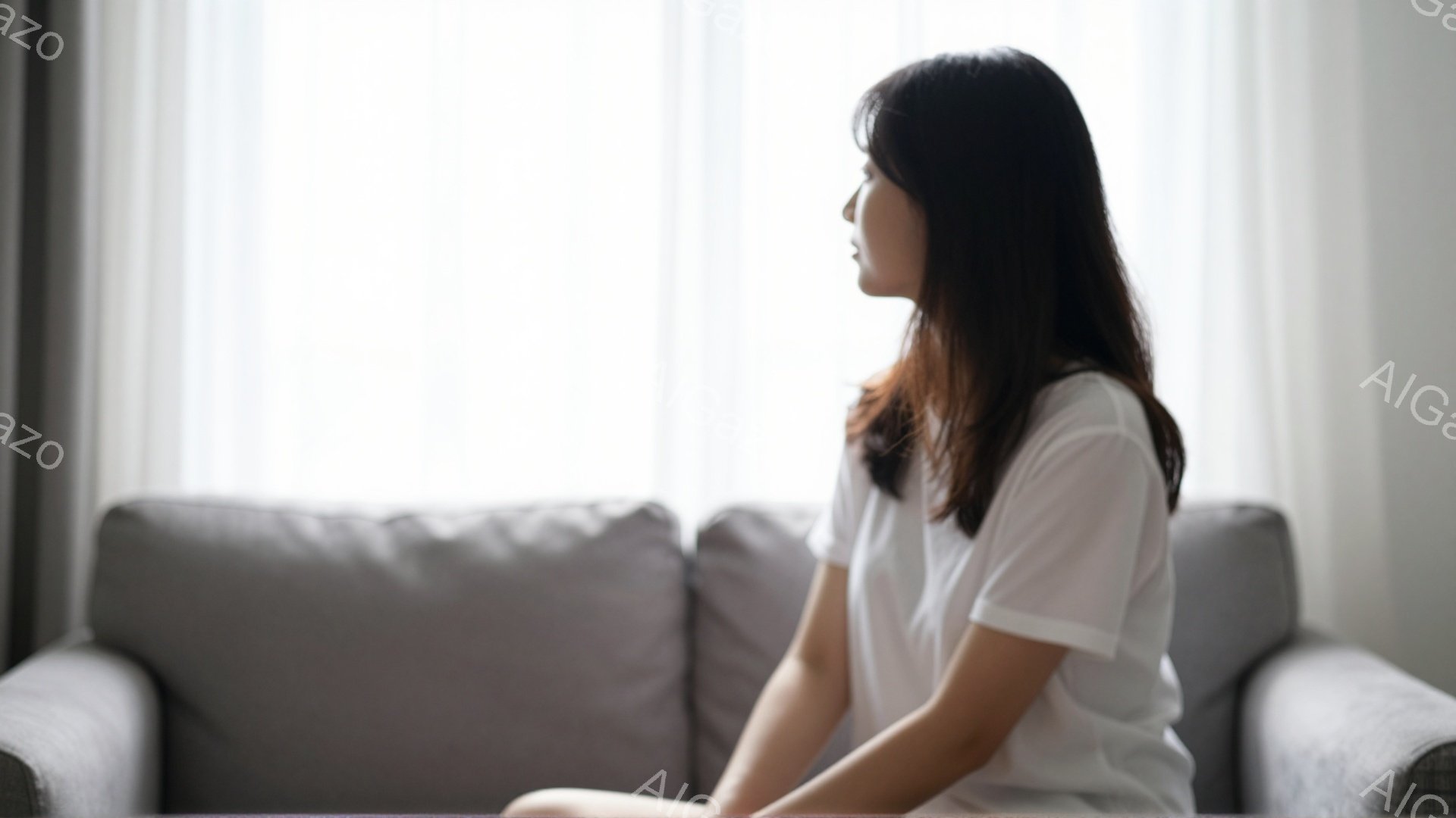 画像には、グレーのソファに座っている女性が写っています。彼女は白いTシャツを着ており、長くストレートの黒髪が肩にかかっています。彼女は横を向いており、考え込んでいるような表情で、穏やかで静かな雰囲気が漂っています。