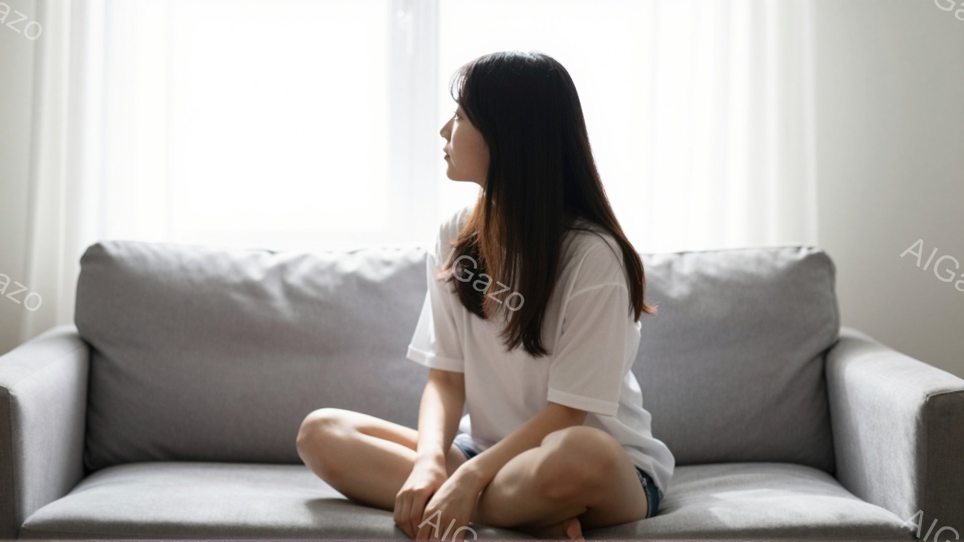 ソファに座っている若い女性が写っています。白いTシャツと短いデニムパンツを着用し、足を組んで座り、横を向いています。背景はシンプルな白い壁で、全体的に穏やかでリラックスした雰囲気です。 - AI生成フリー素材