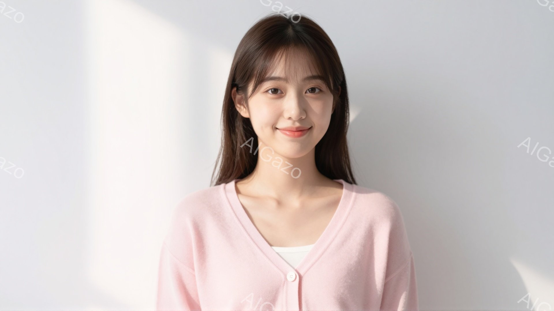 明るい背景を背景に、若い女性が正面を向いて立っています。彼女は薄いピンク色のカーディガンを着ており、内側には白いタンクトップが見えます。彼女の髪は長く、自然なストレートで、顔の横に沿って落ちています。彼女は穏やかな微笑みを浮かべており、リラックスした雰囲気です。