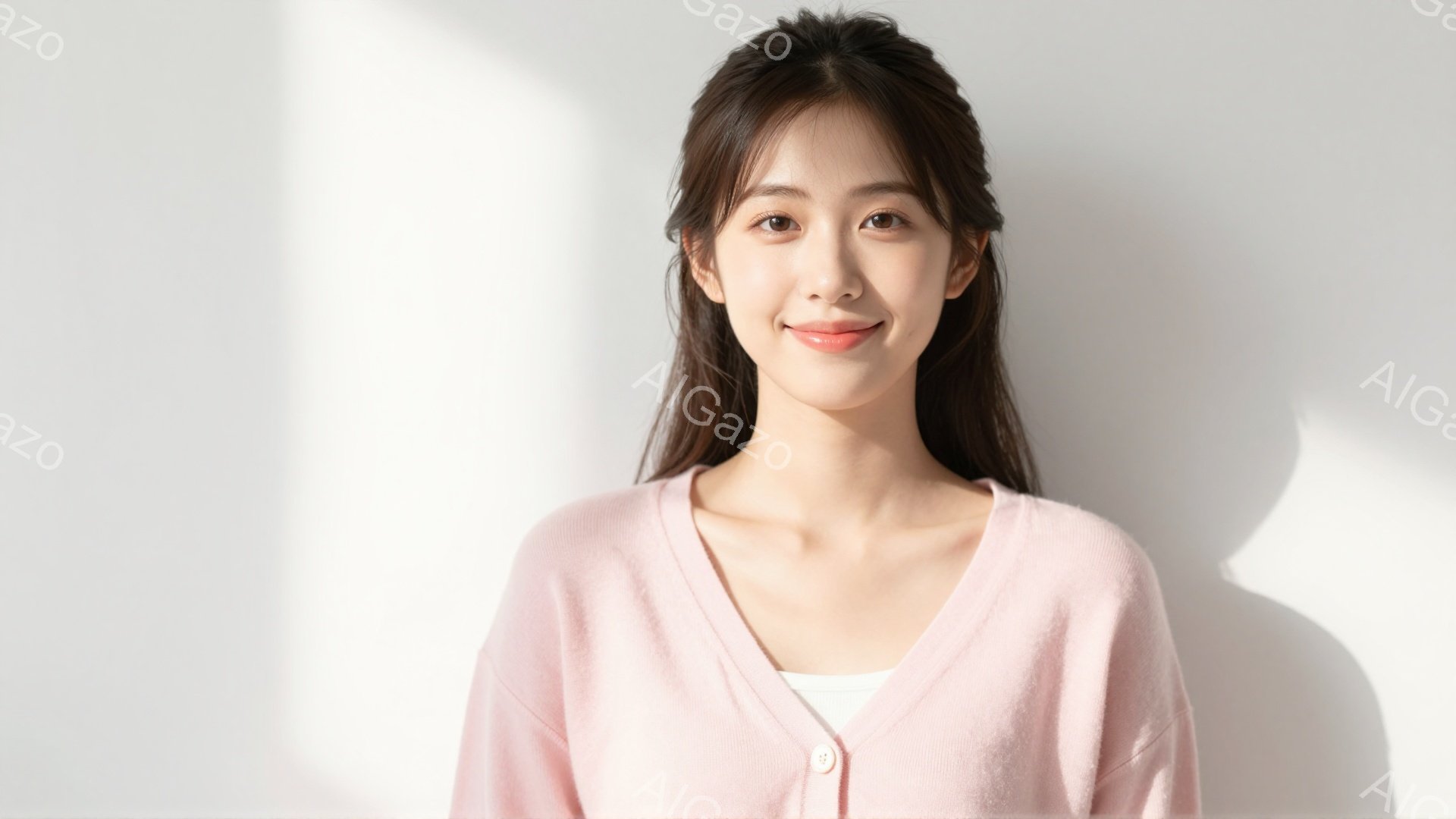 長い黒髪をセンターパートにしており、ピンク色のカーディガンを着ています。彼女はわずかに微笑んでおり、リラックスした雰囲気で正面を見つめています。背景は白く、彼女が主役となるようにシンプルにまとめられて - AI生成フリー素材