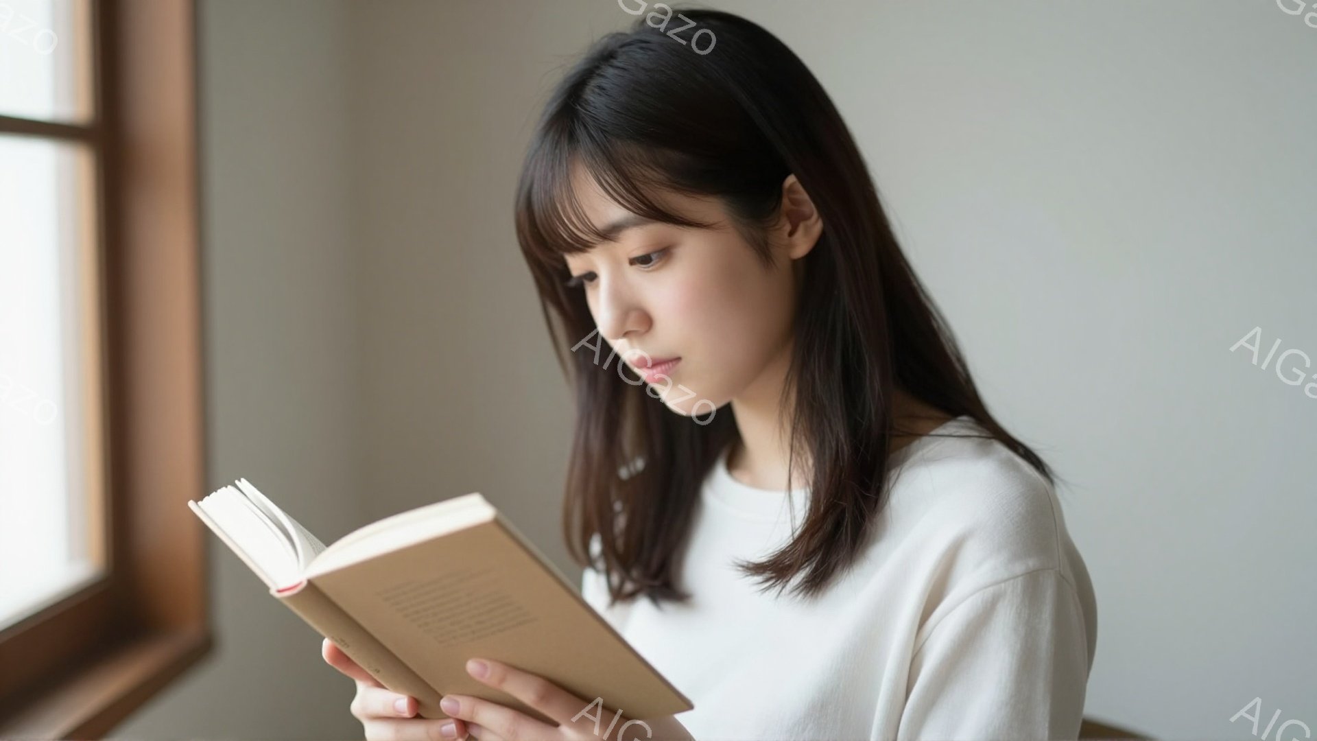 長い黒髪で前髪が目の上にかかる女性が、白いシャツを着て本を読んでいます。彼女はリラックスした姿勢で、窓の光が彼女を照らし、穏やかで静かな雰囲気を醸し出しています。背景はぼやけていますが、部屋の内観の一部が見え、全体的に落ち着いた印象を与えます。