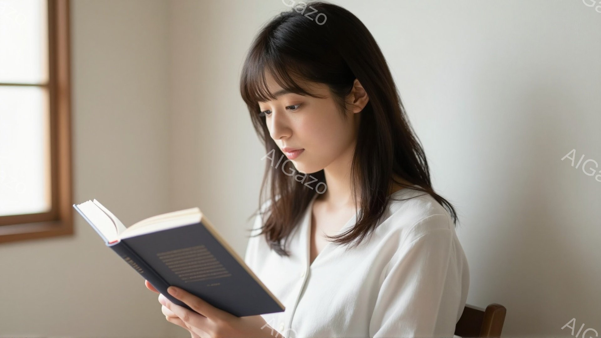 長い黒髪の女性が椅子に座って本を読んでいます。白いシャツを着ており、リラックスした表情で、集中して本の内容を追っている様子が伺えます。背景は明るい壁と窓があり、穏やかで静かな雰囲気が漂っています。
