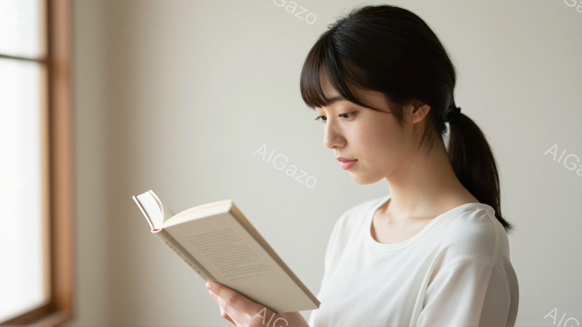 画像には、窓辺で本を読む若い女性が写っています。彼女は白いTシャツを着ており、黒髪を後ろでポニーテールにまとめています。落ち着いた表情で、読書に集中している様子が伝わってきます。