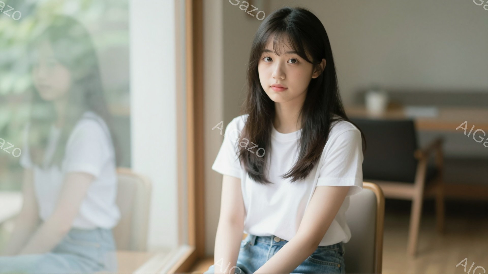 彼女は白いTシャツとジーンズを着て、窓の近くの椅子に座っています。彼女の髪は長くストレートで、顔の横に流れています。彼女は穏やかな表情で、リラックスした雰囲気が漂っています。