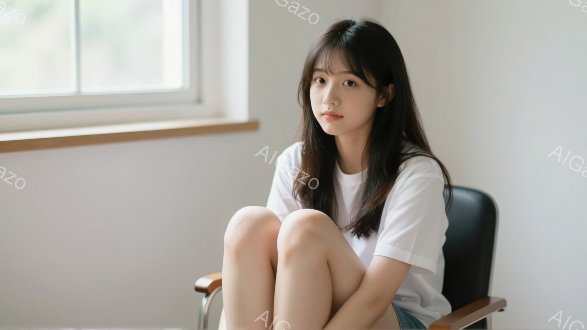 長い黒髪の女性が椅子に座り、膝を抱えています。白いTシャツとデニムのショートパンツを着ており、表情は穏やかで少し物憂げです。背景は白い壁と窓で、自然光が差し込み、全体的に落ち着いた雰囲気を醸し出しています。