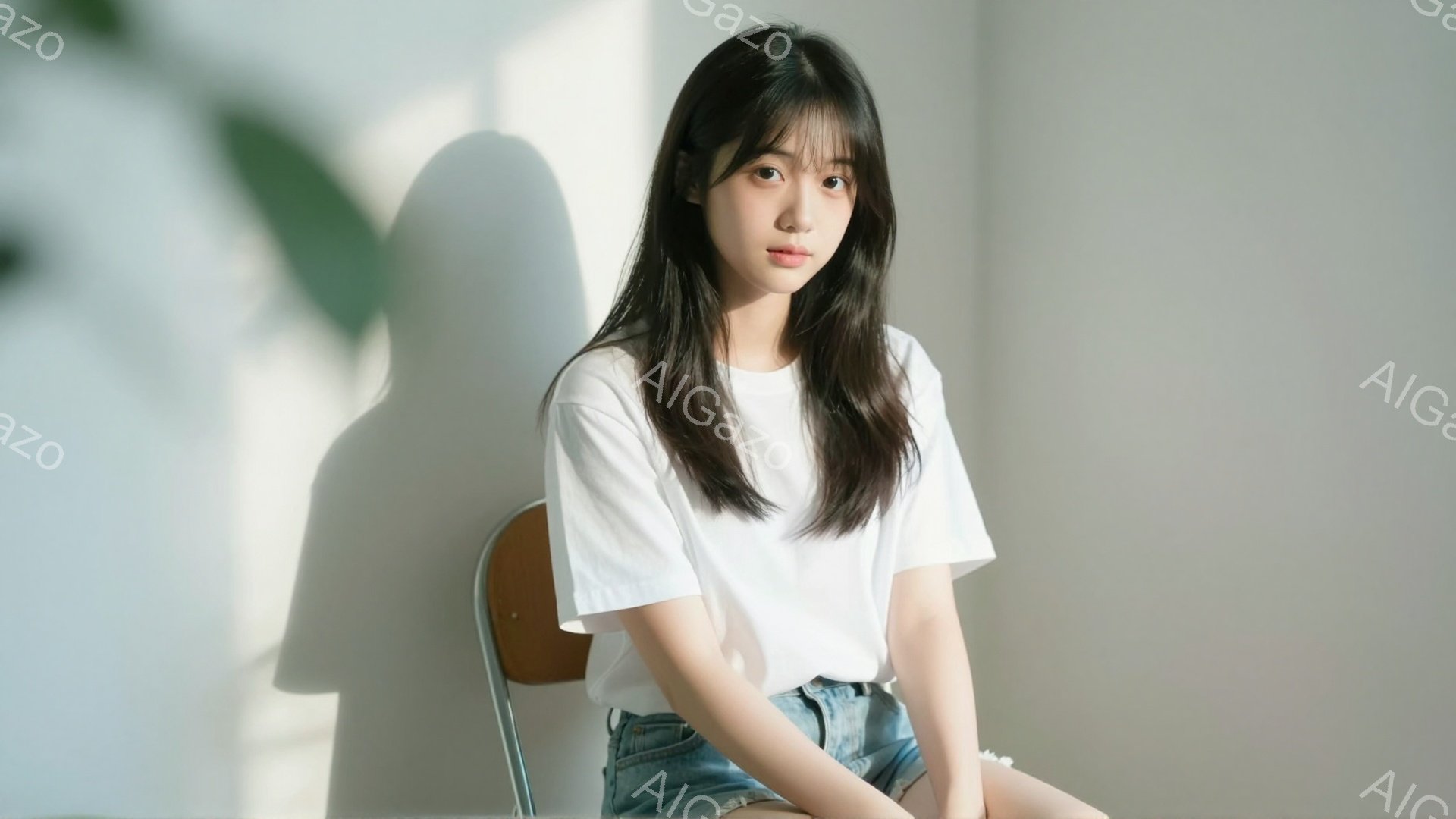 長い黒髪の女性が、白いTシャツとデニムのショートパンツを身につけて椅子に座っています。彼女は穏やかな表情で、少し微笑んでいるように見えます。背景は白く、光が差し込んでおり、植物の影が壁に映っており、全体的に柔らかく、落ち着いた雰囲気です。