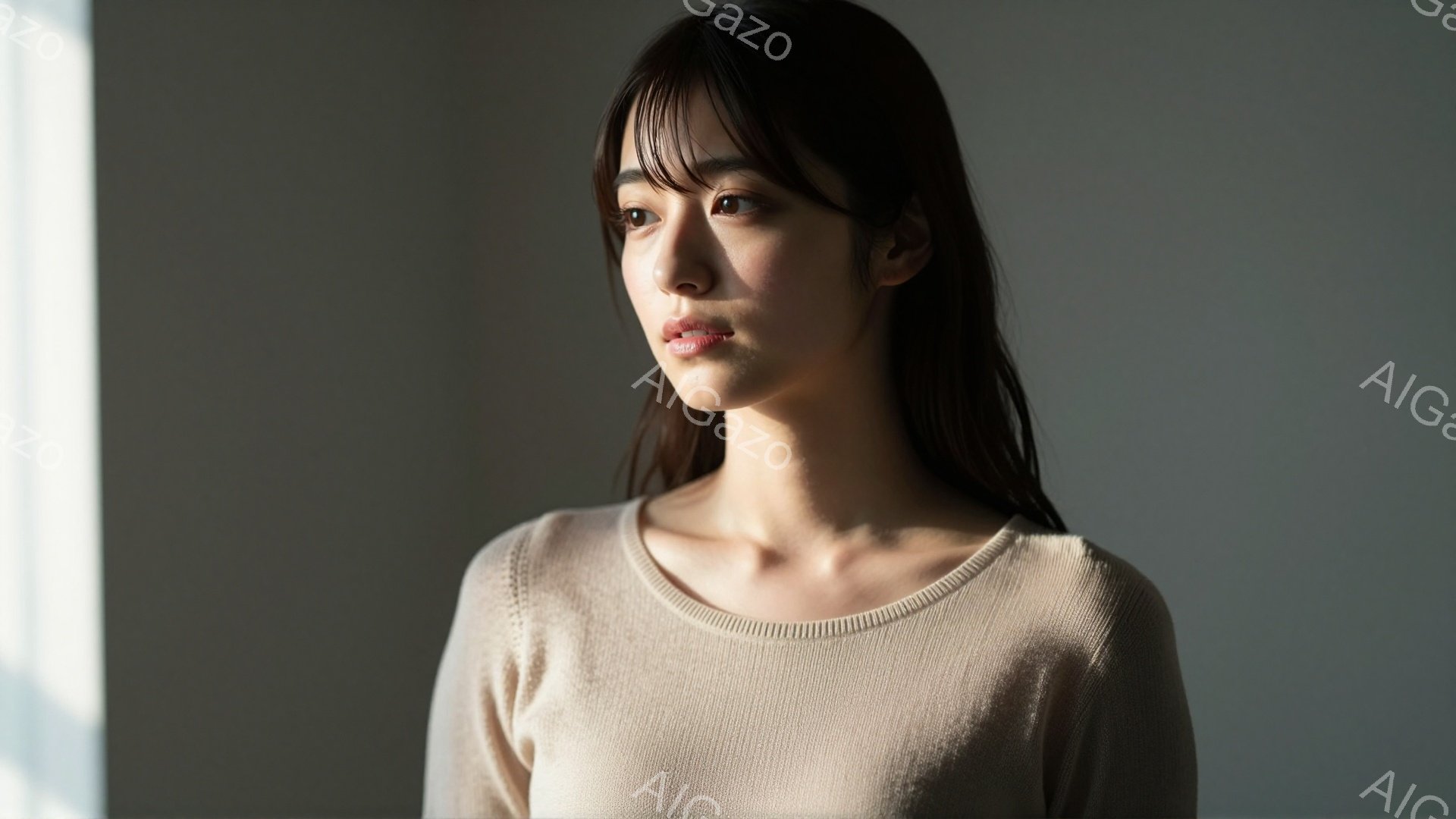 画像は、ベージュ色のセーターを着た若い女性を捉えています。彼女は少し横を向き、憂いを帯びた表情で遠くを見つめており、長く艶やかな黒髪が肩にかかっています。背景は明るい窓からの光でぼやけており、静かで内 - AI生成フリー素材