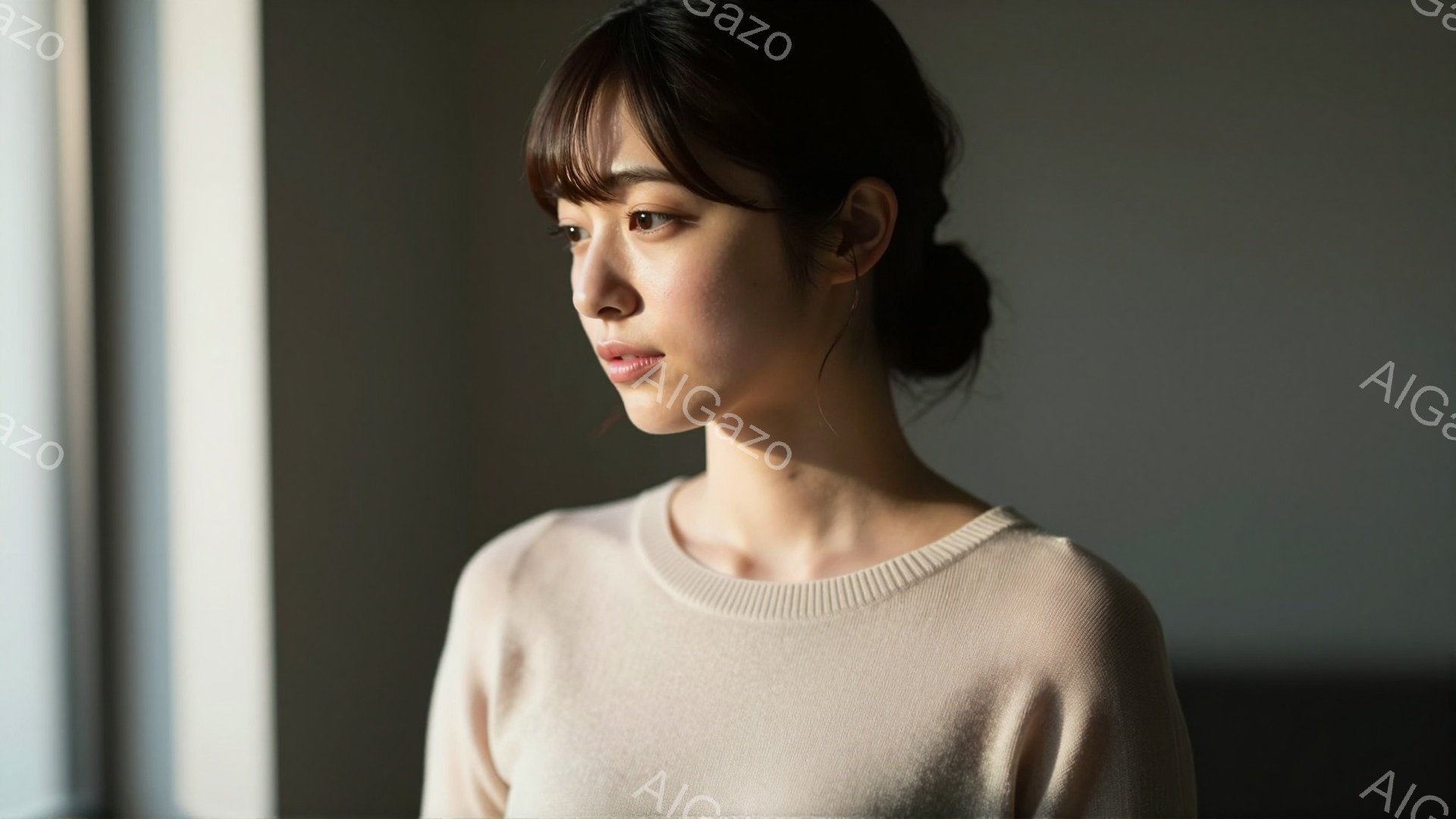 画像には、ベージュ色のセーターを着た若い女性が写っています。彼女は横顔で、少し憂いを帯びた表情をしており、軽く前髪が垂れた黒髪が特徴的です。窓辺に立ち、背景はぼやけていますが、おそらく室内から外を見て - AI生成フリー素材