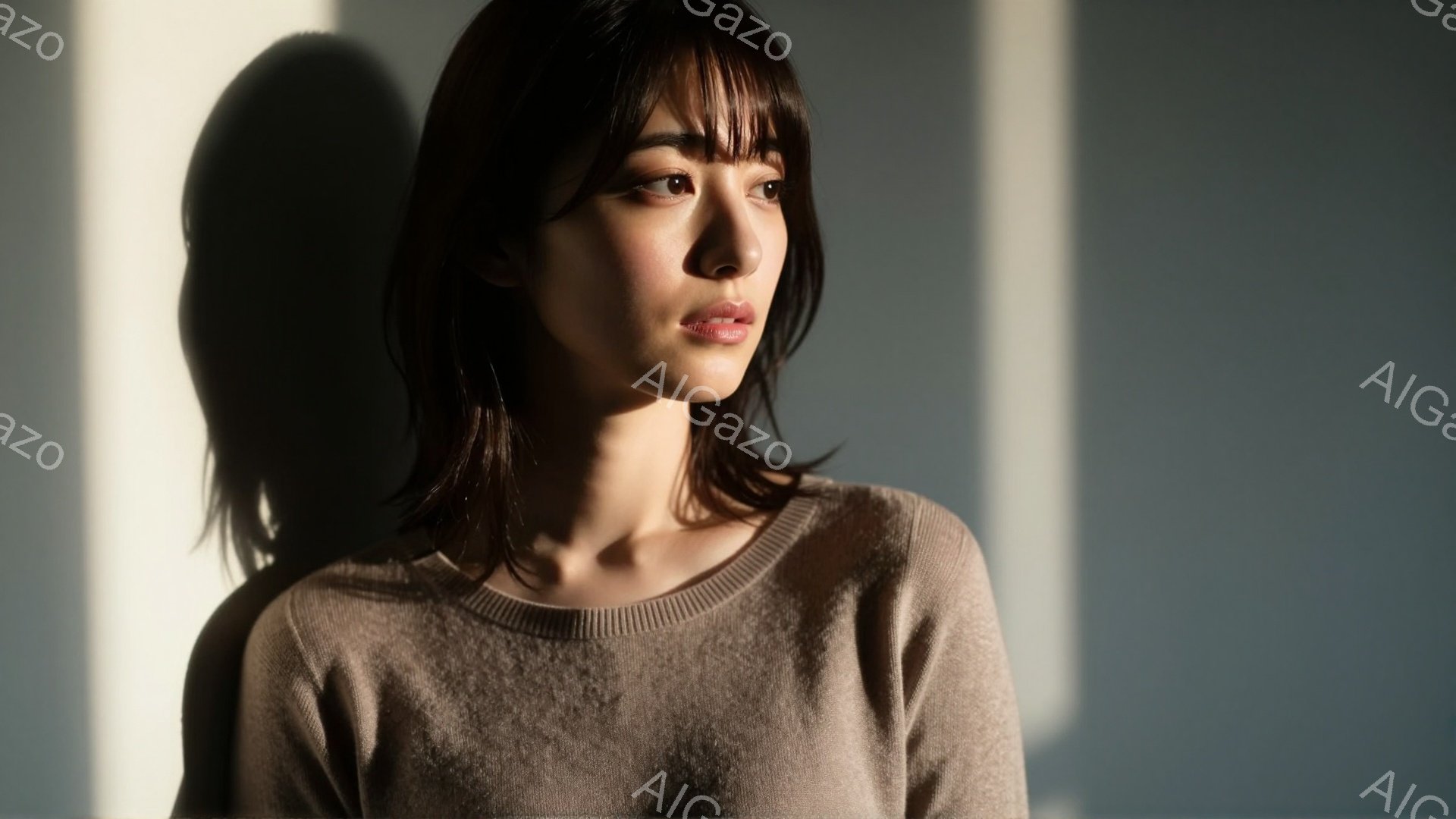 明るい茶色のセーターを着た若い女性が写っている。彼女は黒髪で、前髪が少し目にかかる程度にカットされている。女性は少し憂いのある表情で、どこかを見つめているような視線を投げかけている。