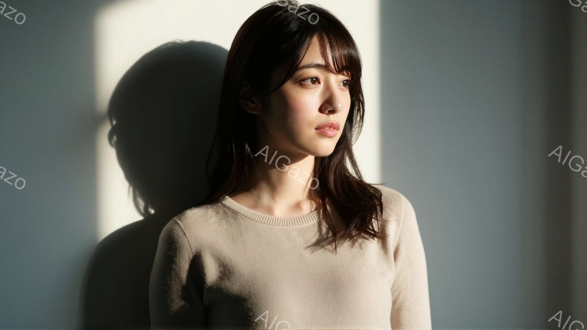 この女性はベージュ色のセーターを着ており、肩までの長さのダークブラウンの髪は自然に流れています。彼女は少し憂いを帯びた表情で、何かを考えているかのように遠くを見つめています。背景は淡いグレーの壁で、強い光が左側から差し込み、彼女の顔に影と光のコントラストを生み出しています。