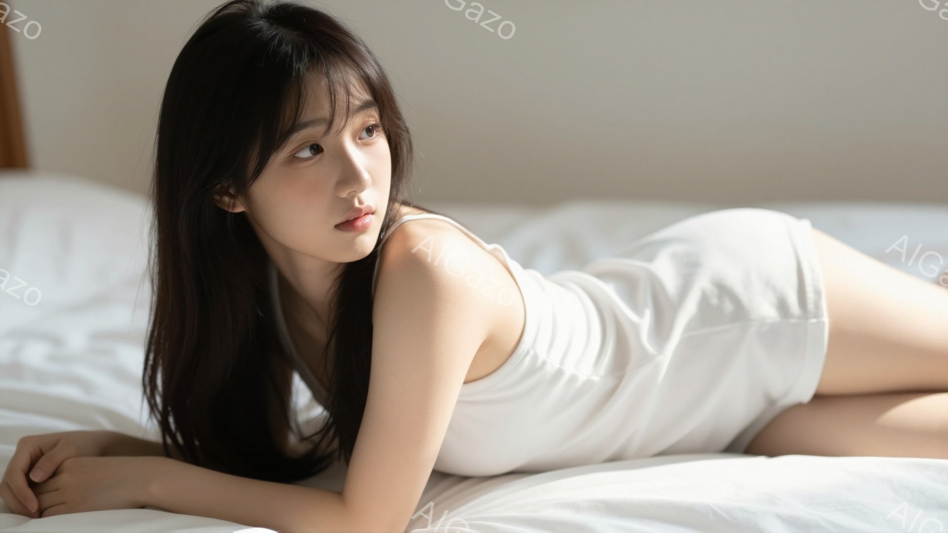 長い黒髪を広げ、白いタンクトップとショーツ姿の女性がベッドに横たわっています。彼女は少し上目遣いで、どこか憂いを帯びた表情をしています。背景は白く、ベッドリネンと一体化しており、全体的に柔らかく、穏や - AI生成フリー素材