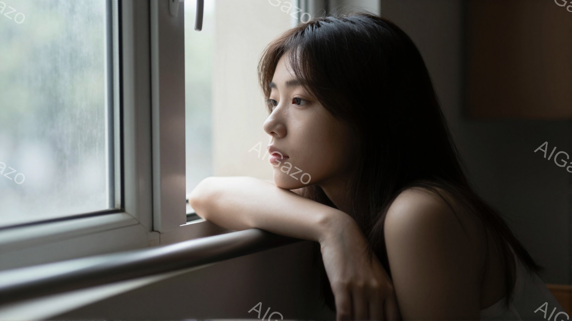 長い黒髪の女性が窓枠に肘をついて外を眺めている。彼女は白いトップスを着ており、憂いを帯びた表情をしている。窓の外は雨が降っているようで、全体的に物憂げで静かな雰囲気が漂っている。 - AI生成フリー素材
