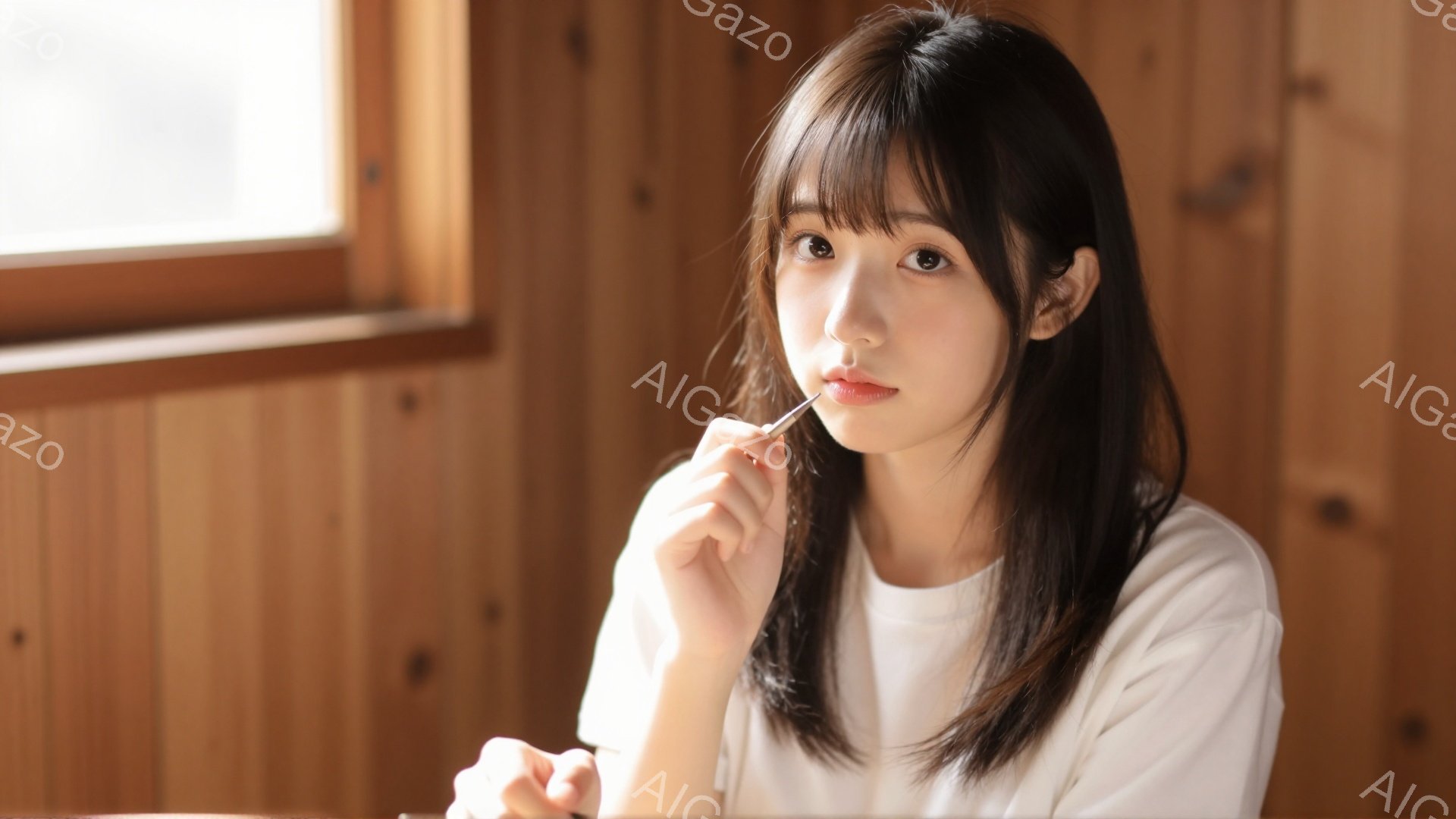 長い黒髪にふさふさとした前髪が印象的な若い女性が写っている。白いシンプルなトップスを着て、何かを考え込んでいるように、指で唇に触れている。背景は木製の壁で、窓から差し込む光が柔らかい雰囲気を作り出している。