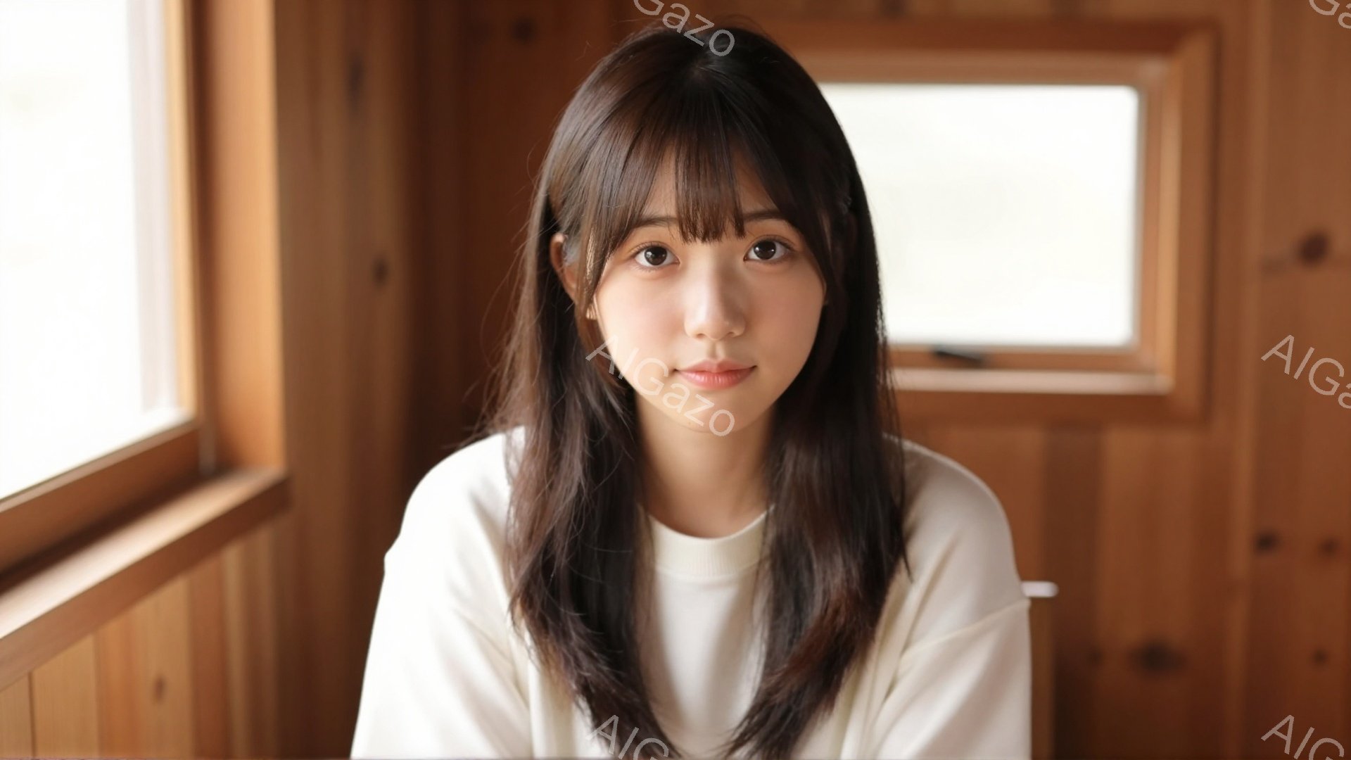 長い黒髪で、前髪が目にかかる女性が写っている。白いセーターを着ており、穏やかな微笑みを浮かべている。背景は木製の壁と窓で、暖かく落ち着いた雰囲気である。 - AI生成フリー素材