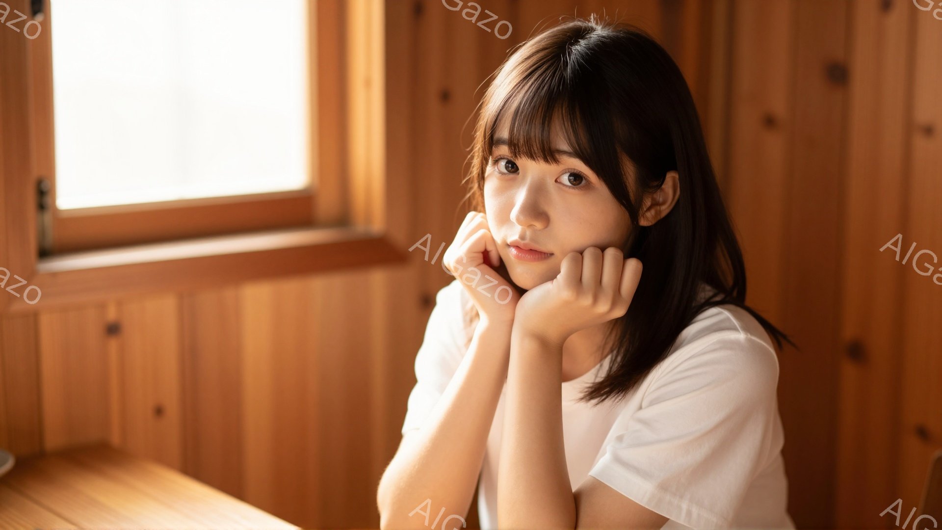 この女性は白いTシャツを着ており、前髪を流したダークブラウンの髪が印象的です。両手を頬にあてて微笑んでおり、柔らかく優しい表情をしています。背景は木の温もりを感じさせる内装で、穏やかでリラックスした雰囲気が漂っています。