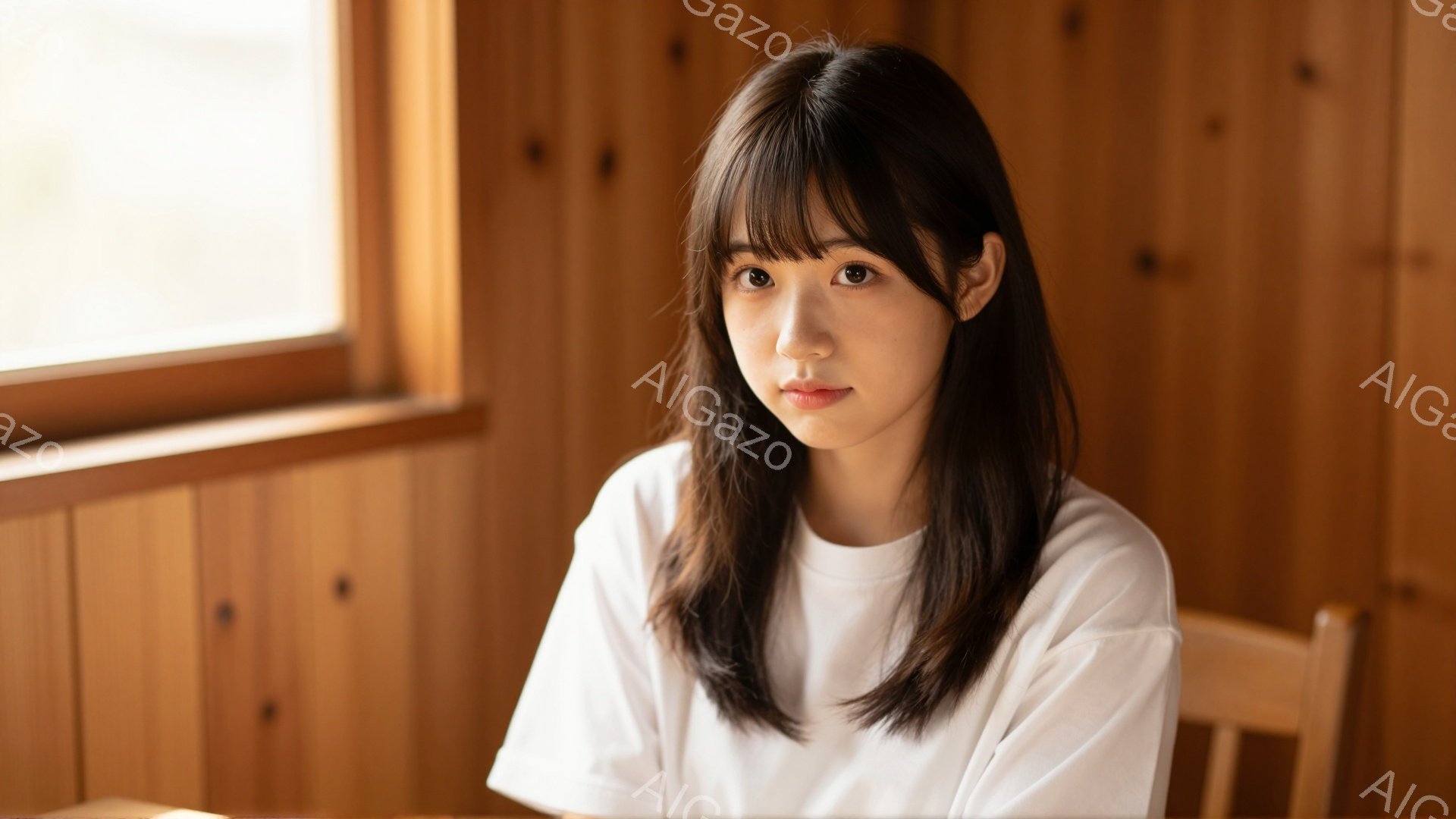 長い黒髪で前髪ぱっつんの女性が、白いTシャツを着て椅子に座っています。彼女は穏やかな表情で、少し微笑んでいるように見えます。背景は木製の壁で、室内であることがわかります。 - AI生成フリー素材