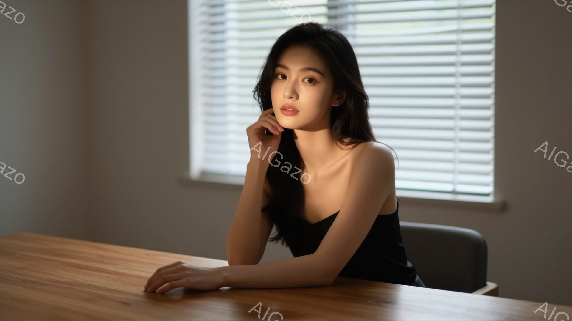長い黒髪の女性が、明るい木製のテーブルに肘をついて座っている。彼女は黒いキャミソールを着ており、少し憂いを帯びた表情で遠くを見つめている。背景にはブラインドが降りており、室内は柔らかい光で満たされ、静かで落ち着いた雰囲気が漂っている。
