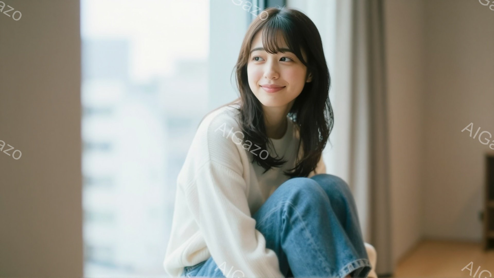 長い黒髪で、前髪が眉毛にかかるようにカットされた女性が写っている。白いセーターとデニムのズボンを着用し、膝を曲げて床に座り、少し微笑んでいる。背景には窓があり、ぼやけた都市の風景が見え、全体的に穏やかでリラックスした雰囲気が漂っている。