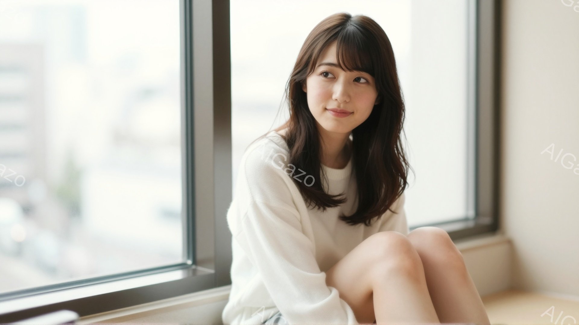 彼女は白いセーターを着て、膝を曲げて床に座っています。長いダークブラウンの髪は肩にかかり、穏やかな笑顔を浮かべています。窓の外には高層ビルが見え、室内は明るく、リラックスした雰囲気が漂っています。 - AI生成フリー素材