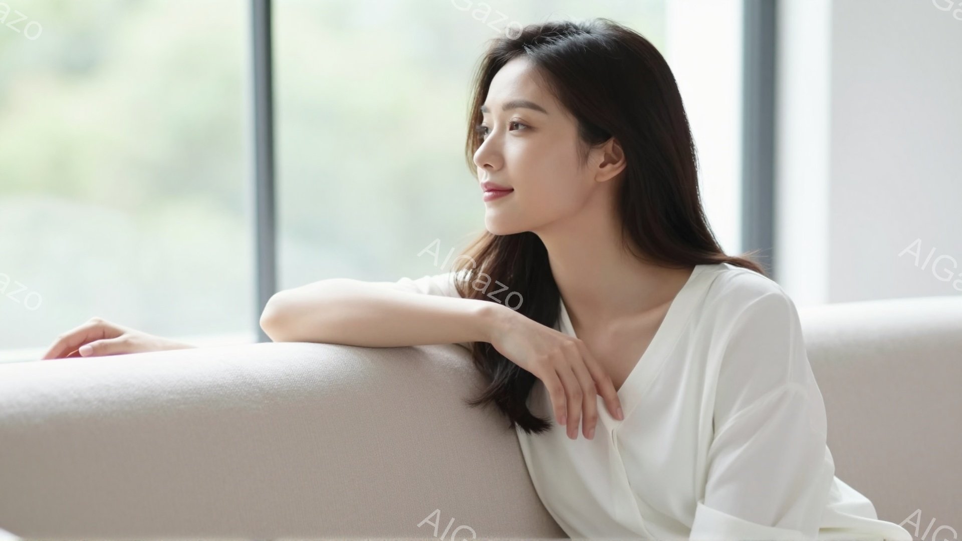長い黒髪をなびかせた女性が、白いブラウスを着てソファーに肘をついて座っています。彼女は横顔で、少し微笑んでいるように見え、リラックスした雰囲気を醸し出しています。背景はぼやけていますが、窓と明るい光が - AI生成フリー素材