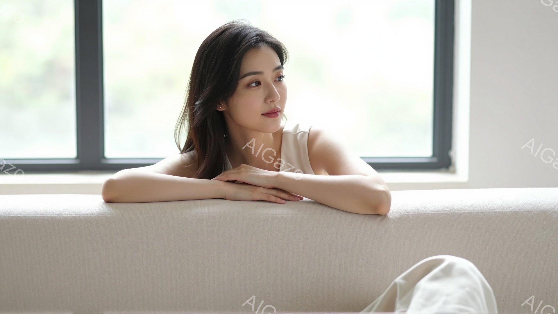 長い黒髪を肩にかけた女性が、ベージュ色のソファに肘をついて座っています。彼女は落ち着いた表情で遠くを見つめ、白いトップスを着ています。背景には大きな窓があり、自然光が差し込んで穏やかな雰囲気を醸し出し - AI生成フリー素材