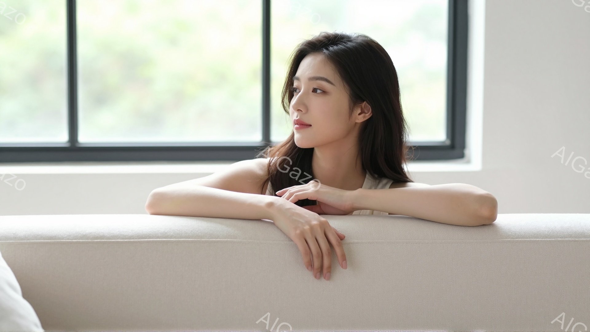 長い黒髪の女性が、クリーム色のソファに肘をついて座っています。彼女は白いトップスを着ており、少し物憂げな表情で遠くを見つめています。背景には大きな窓があり、柔らかな自然光が差し込み、穏やかで静寂な雰囲 - AI生成フリー素材
