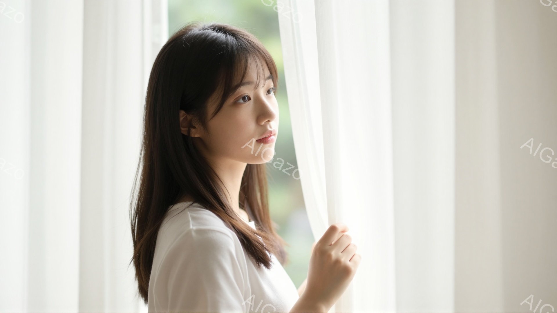 長い黒髪を肩にかける女性が、白いブラウスを着て窓辺に立っている。彼女は横顔で、少し憂いを帯びた表情で何かを眺めているようだ。背景にはぼやけた緑があり、柔らかい光が差し込んでいる様子から、穏やかな雰囲気 - AI生成フリー素材