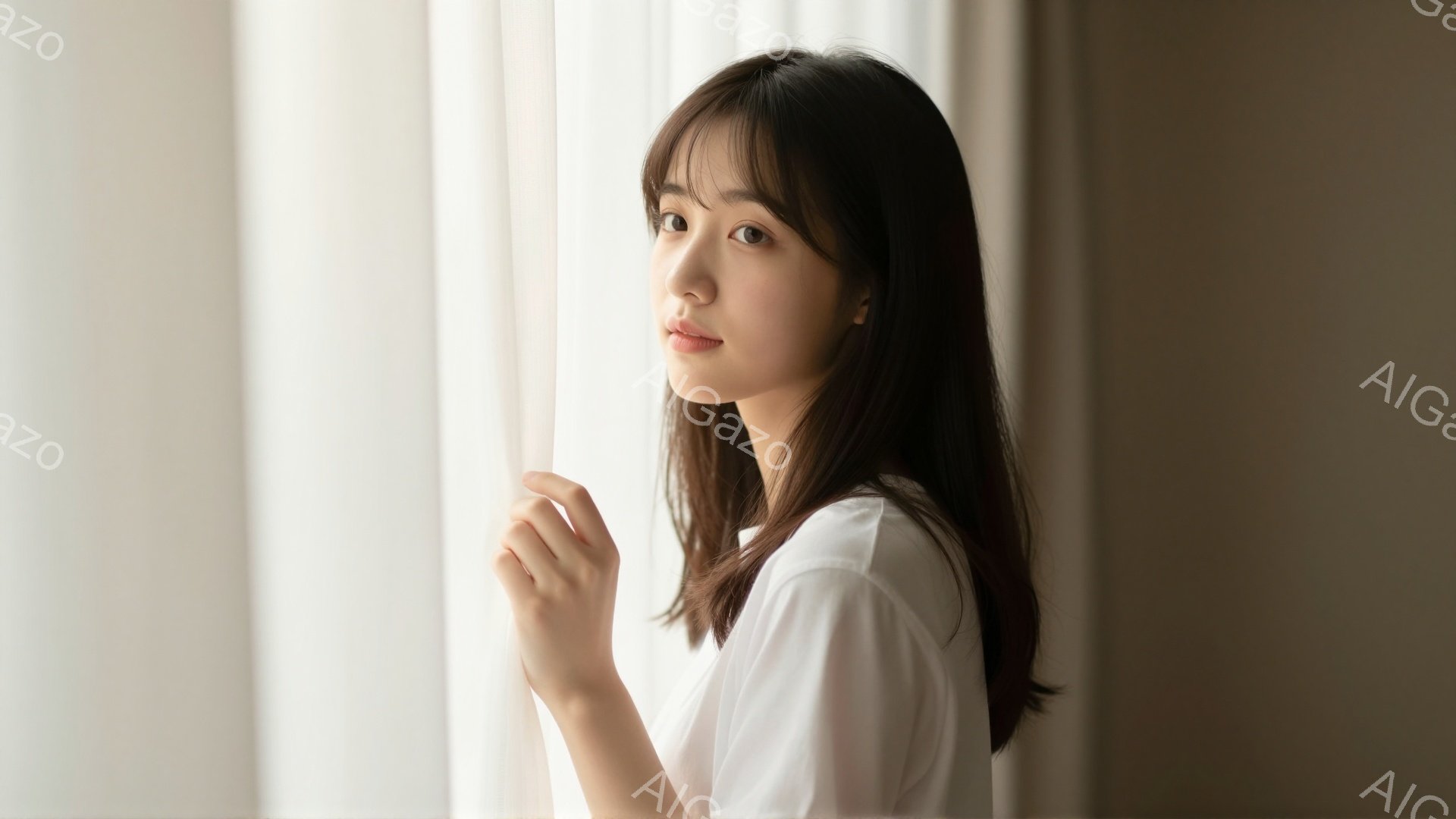 長い黒髪を肩まで伸ばした女性が、白いトップスを着て立っています。彼女は窓辺に立ち、片手を軽く前に出して、穏やかで少し物憂げな表情をしています。背景は白く、自然光が柔らかく差し込み、全体的に静かで落ち着いた雰囲気を醸し出しています。
