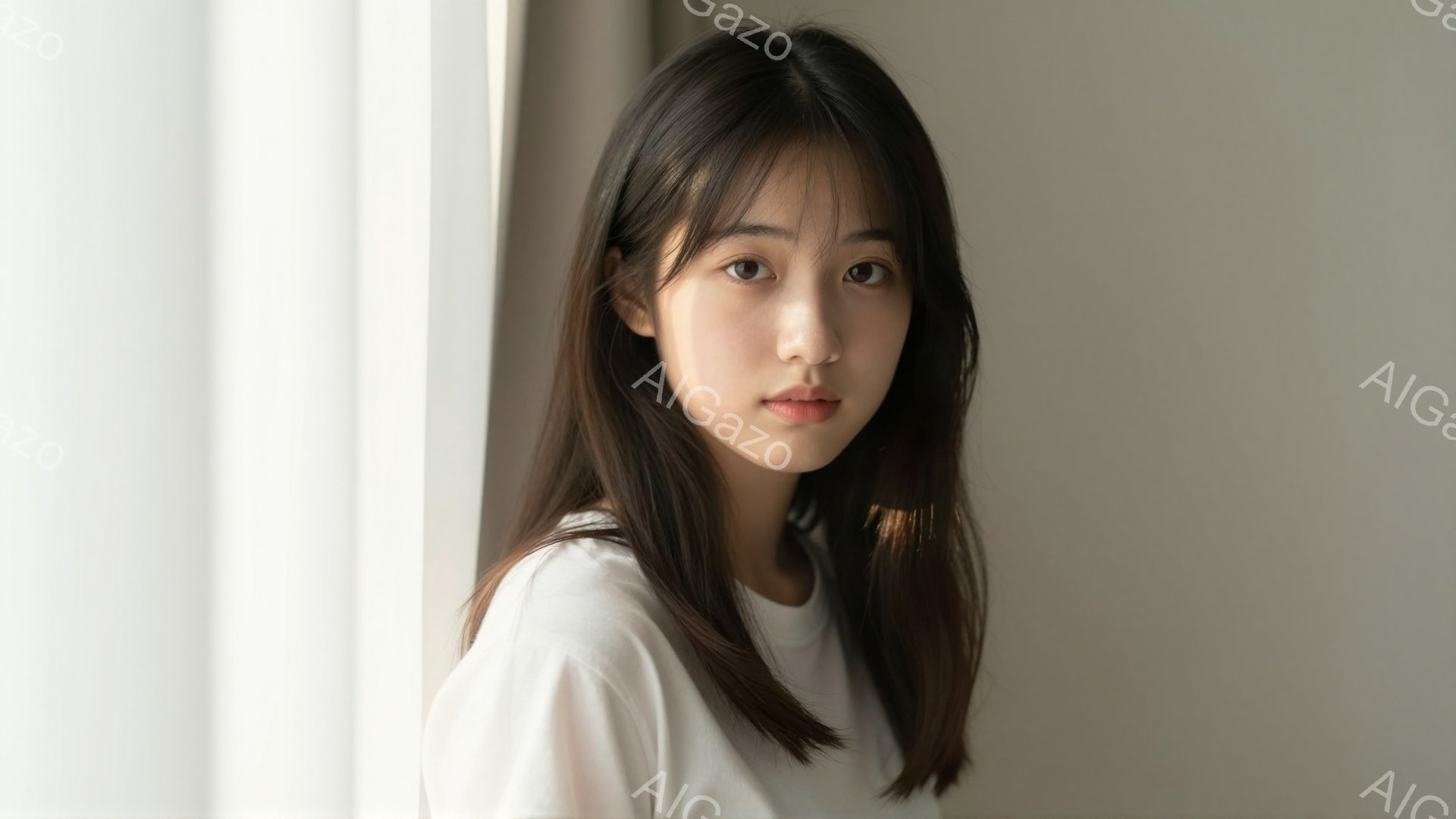 長い黒髪で、前髪が目にかかる女性が写っている。白いシンプルなTシャツを着ており、わずかに微笑んでいる。背景は淡い色の壁で、窓からの自然光が柔らかく彼女を照らしている。 - AI生成フリー素材