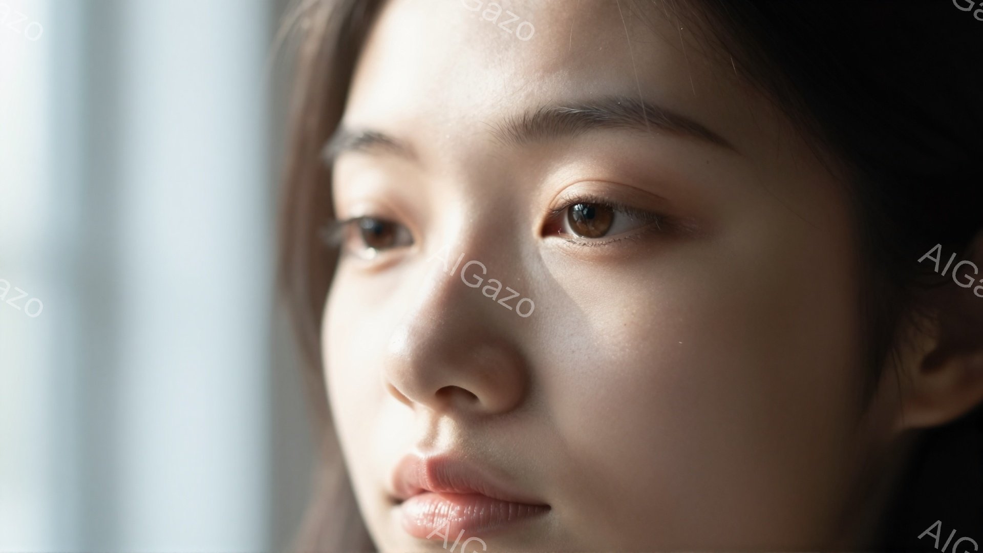 焦点の合わされた女性の顔が、画面の大部分を占めている。彼女は少し横を向き、遠くを見つめているような表情をしており、穏やかで物憂げな雰囲気が漂う。背景はぼやけており、窓枠の一部が見えるだけで、彼女の表情と存在感が際立っている。