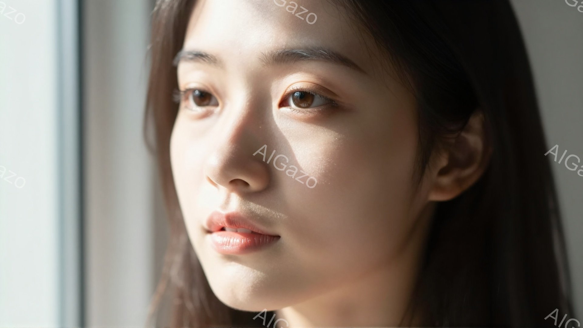 長い黒髪の女性が、窓の外を見つめています。彼女の表情は穏やかで、少し物憂げです。自然光が柔らかく彼女の顔を照らし、落ち着いた雰囲気を醸し出しています。