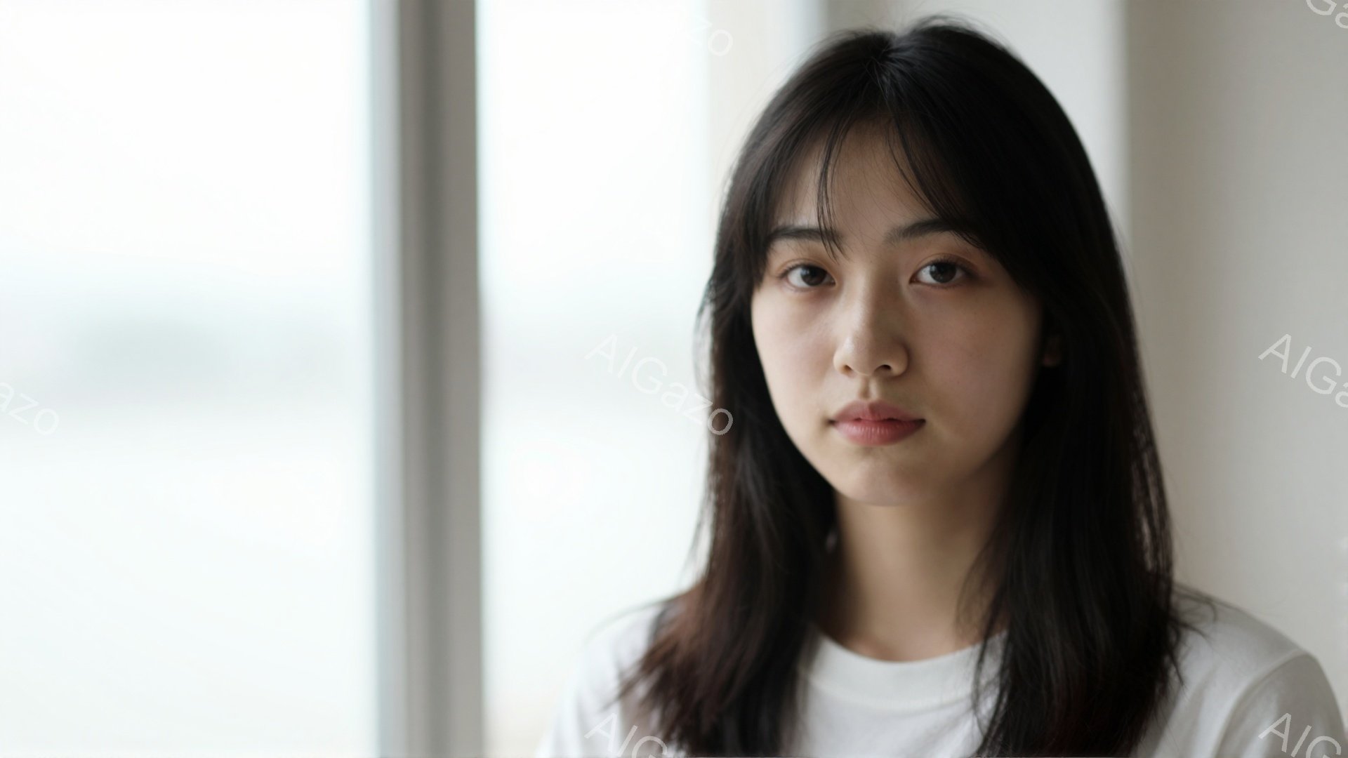 長い黒髪で、前髪が少し流れた女性が写っている。白いTシャツを着ており、表情は穏やかで、まっすぐカメラを見つめている。背景は白くぼやけており、窓辺にいる様子が伺える、静かで落ち着いた雰囲気の写真である。
