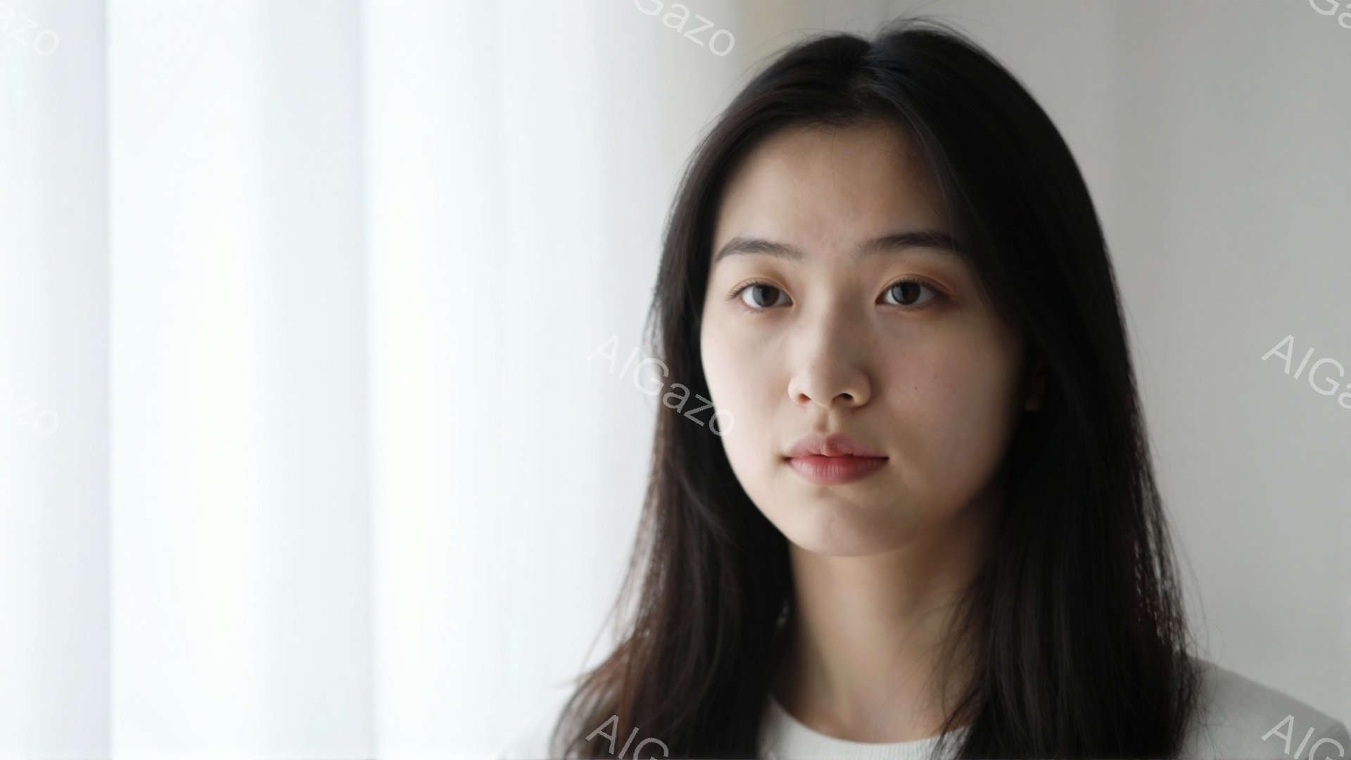 長い黒髪を肩にかけた女性が写っている。白いセーターを着ており、表情は穏やかで、少し微笑んでいるように見える。背景は白いカーテンで、光が柔らかく差し込んでおり、全体的に静かで落ち着いた雰囲気である。 - AI生成フリー素材