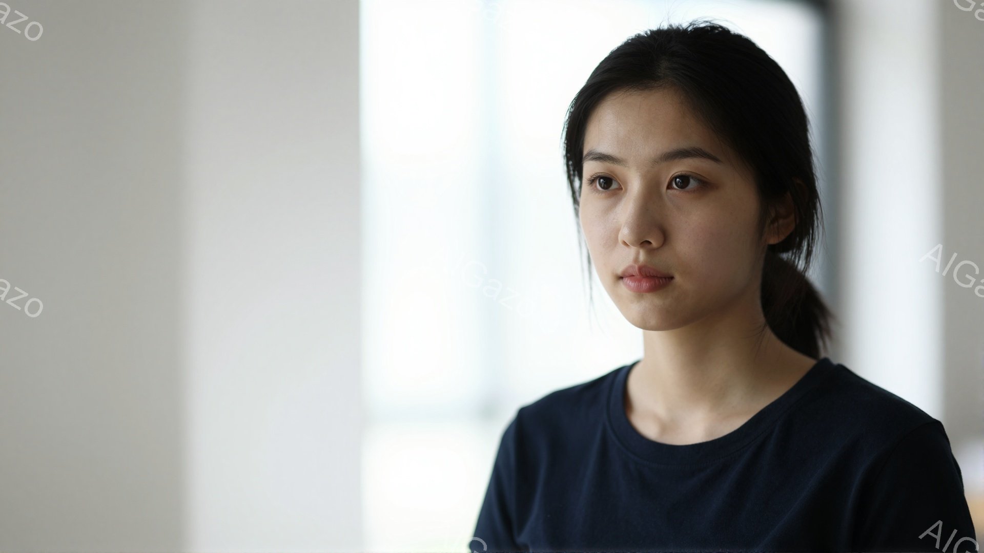 黒髪を後ろで一つにまとめた若い女性が写っている。彼女は濃い青色のTシャツを着ており、少し考え込んでいるような、遠くを見つめる表情をしている。背景は白く明るく、窓からの自然光が差し込み、全体的に静かで落ち着いた雰囲気を醸し出している。