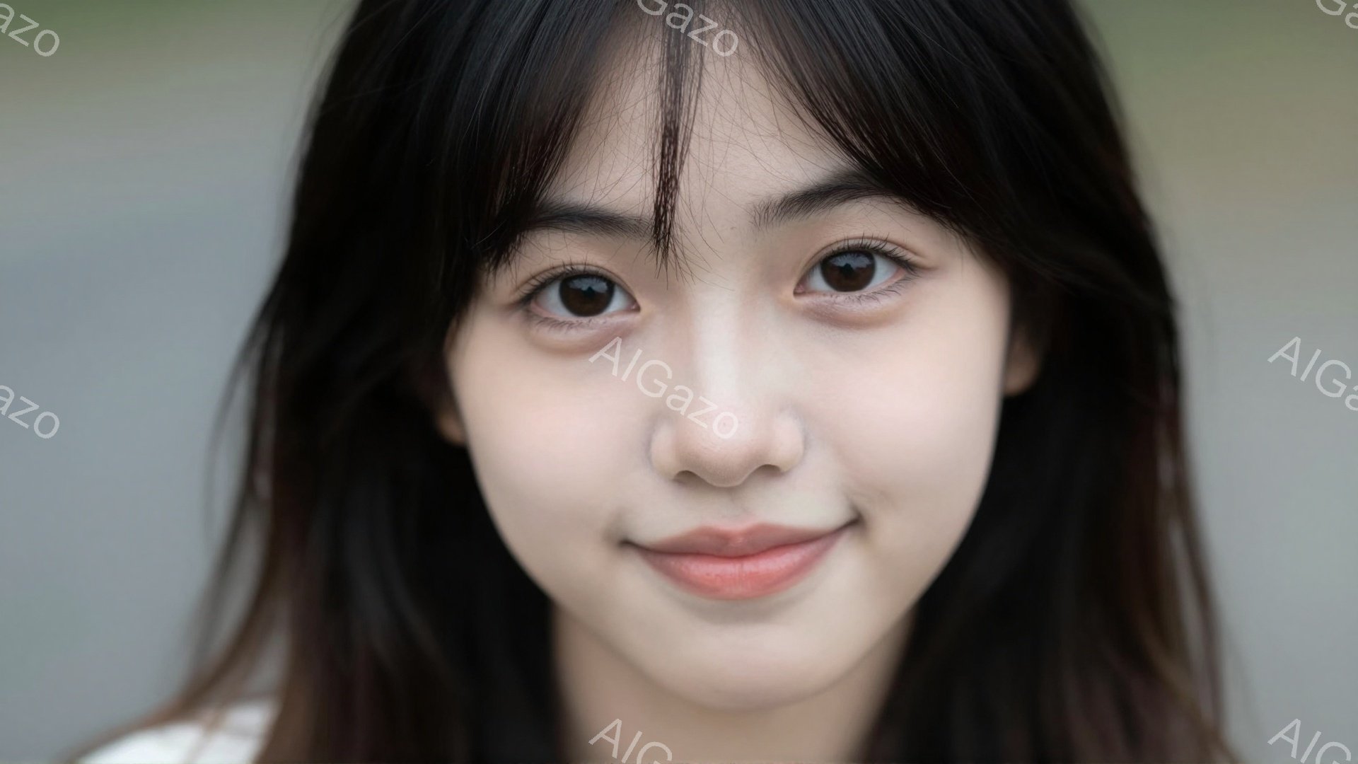 鮮明なポートレート写真で、若い女性が正面を見つめています。彼女は肩までの黒髪で、わずかにカールがかかっています。表情は穏やかで、微笑みを浮かべており、背景はぼやけているため、彼女に焦点が当てられています。