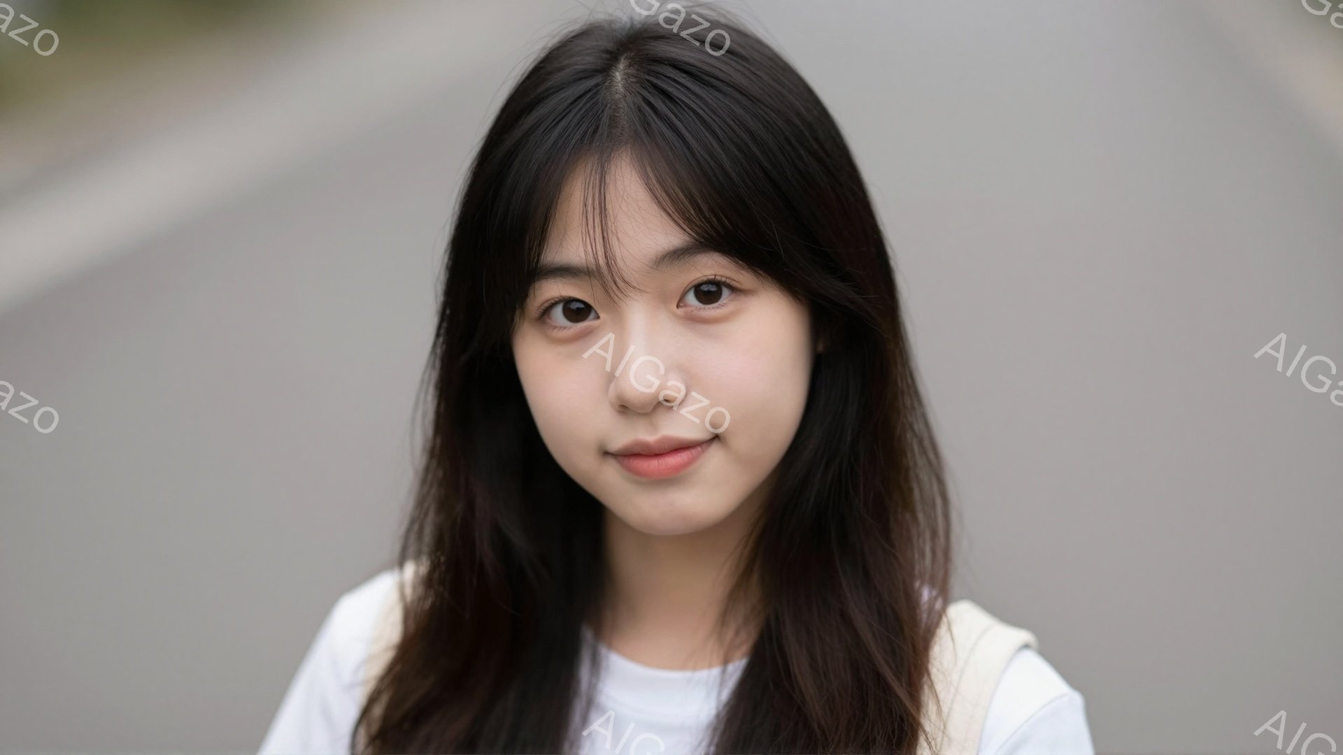 長い黒髪の女性が、白いシンプルなTシャツを着て正面を見つめています。彼女は穏やかな微笑みを浮かべ、リラックスした表情をしています。背景は薄いグレーの壁で、自然光が柔らかく彼女を照らしています。 - AI生成フリー素材