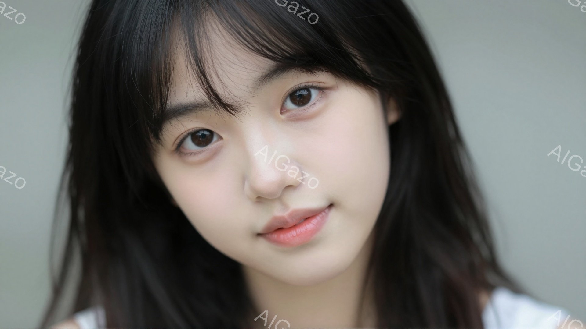 黒髪で前髪が目の上まである若い女性が写っている。彼女は白いトップスを着ており、わずかに微笑んでいる。背景は淡いグレーで、女性が際立っている。