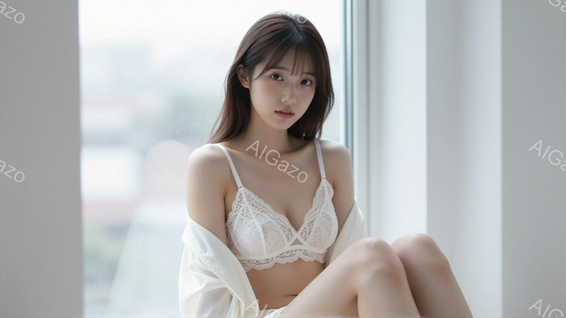 長い茶色の髪をセンターパートにした女性が、白いレースのブラと白いガウンを身につけて座っています。彼女はリラックスした表情で、膝を抱え、カメラを見つめています。背景には、ぼやけた都市の風景が広がり、光が差し込む穏やかな室内空間です。