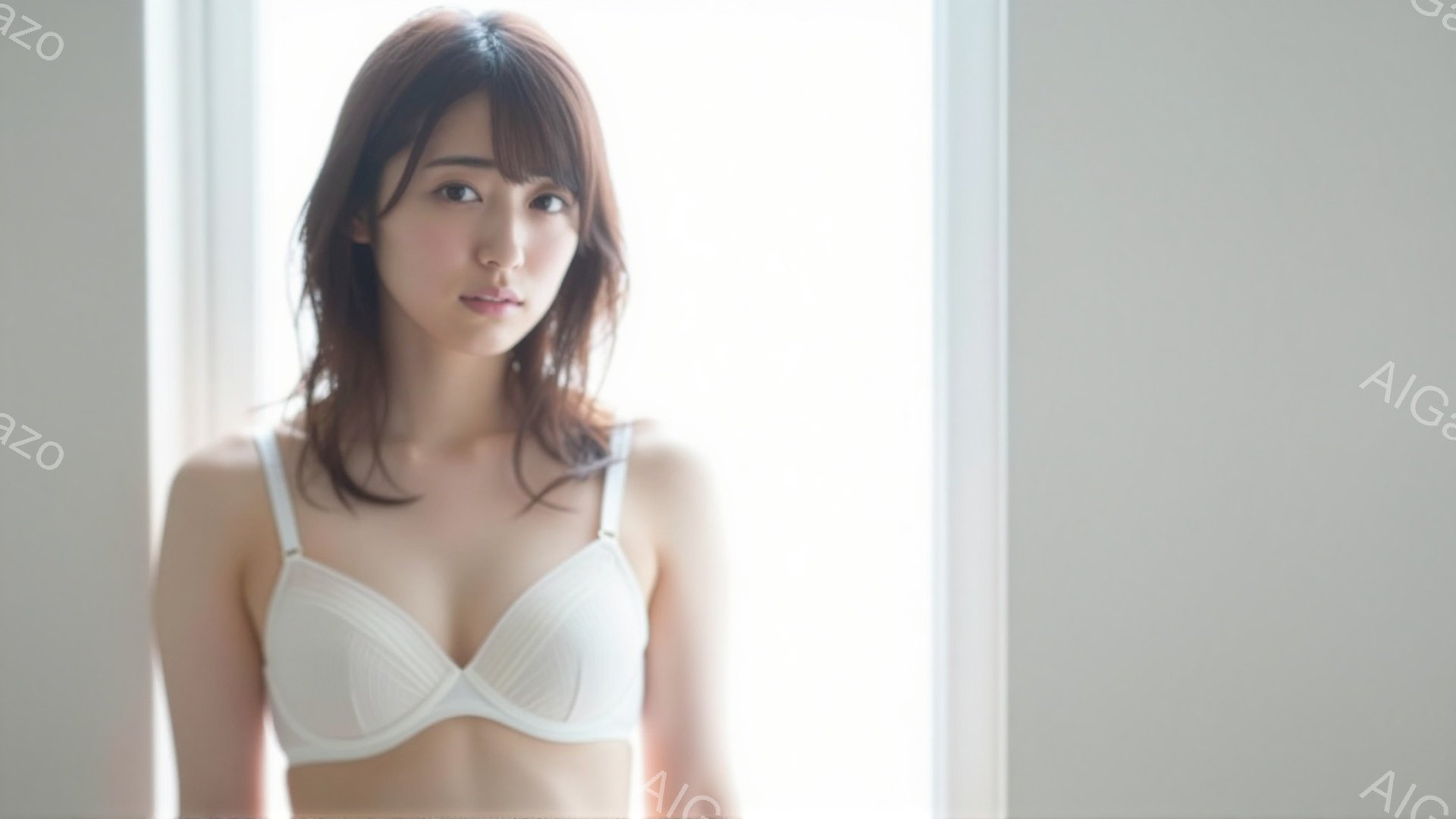 柔らかい光の中で、女性が白いブラレットを着用し、カメラに向かって立っています。彼女は肩までの長さの茶髪で、穏やかな表情をしています。背景はぼやけた白い壁で、全体的に柔らかく、リラックスした雰囲気を醸し - AI生成フリー素材